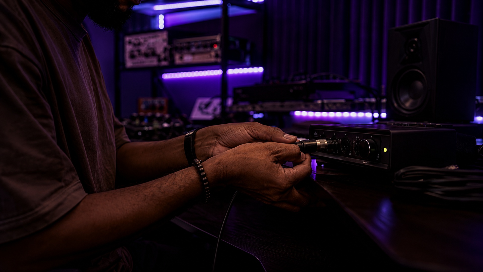 Hands connecting an audio cable in a modern studio