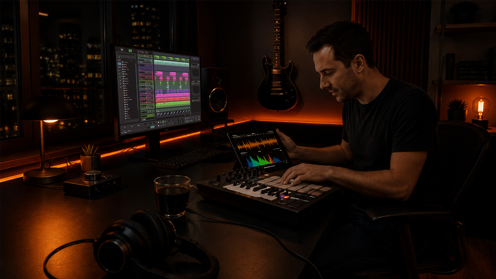 A musician using an audio interface for real-time collaboration