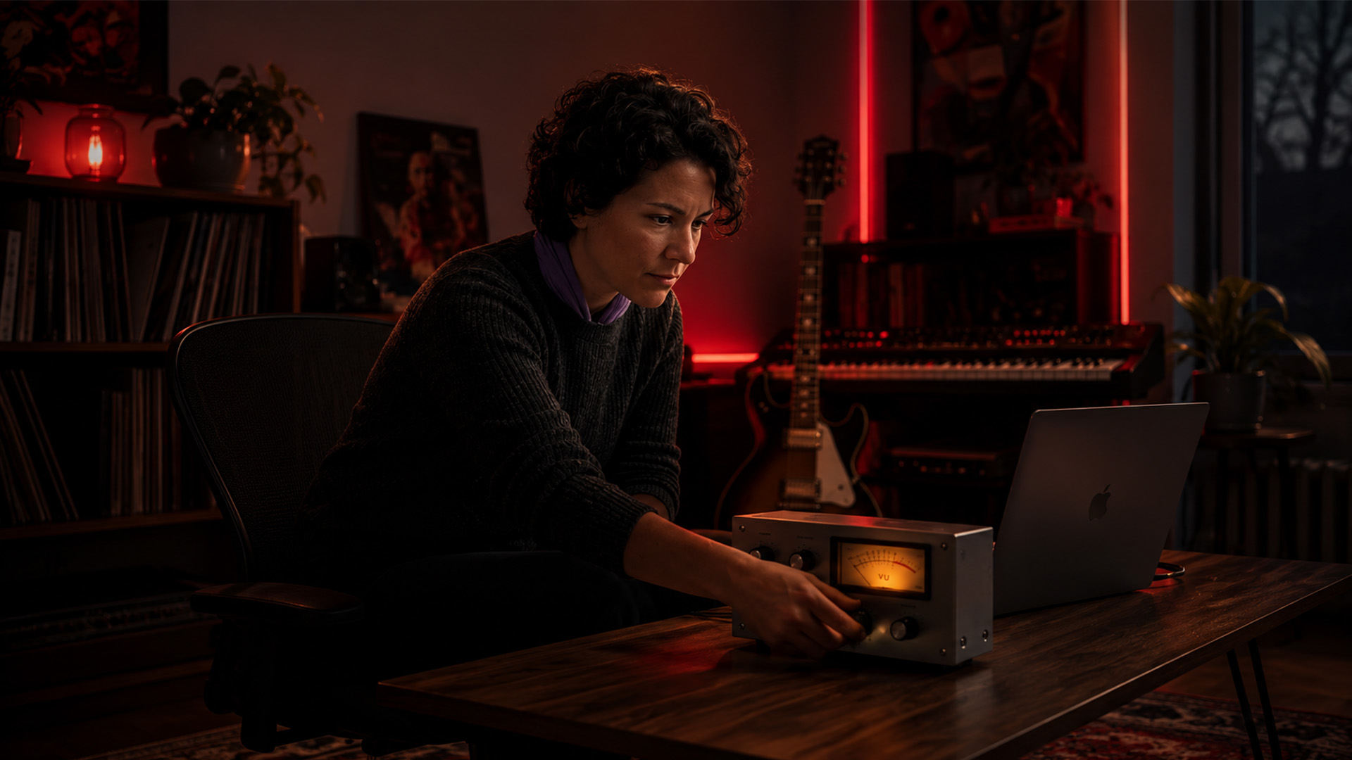 An audio producer measuring loudness with a mixing console