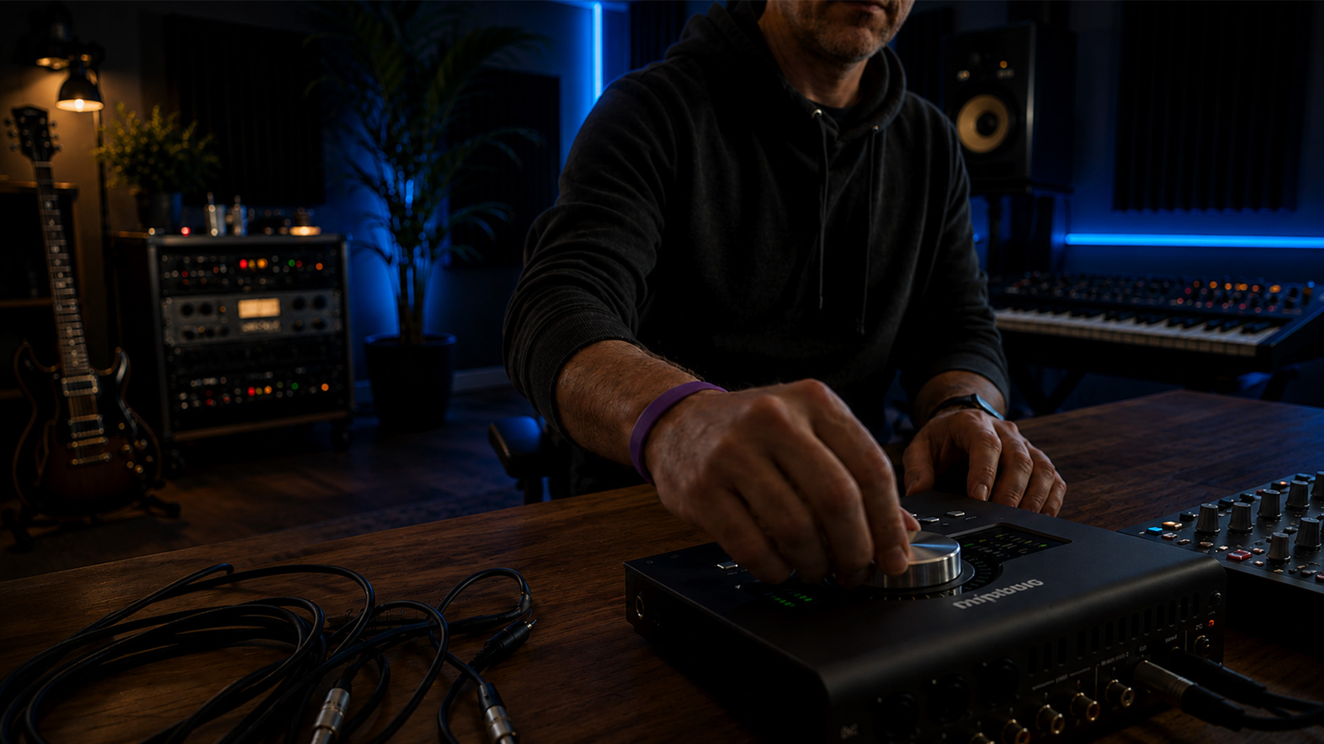 A sound engineer's hands adjusting the K-weighting on an audio interface
