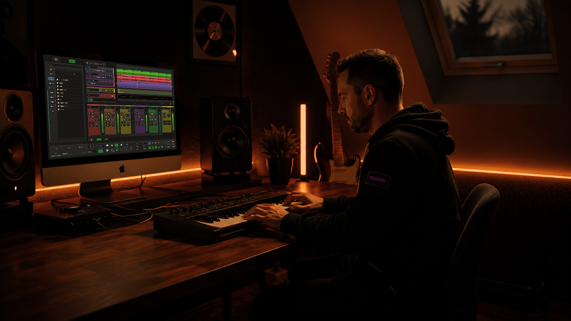 This is an image of a producer checking out a Mac DAW in a home studio