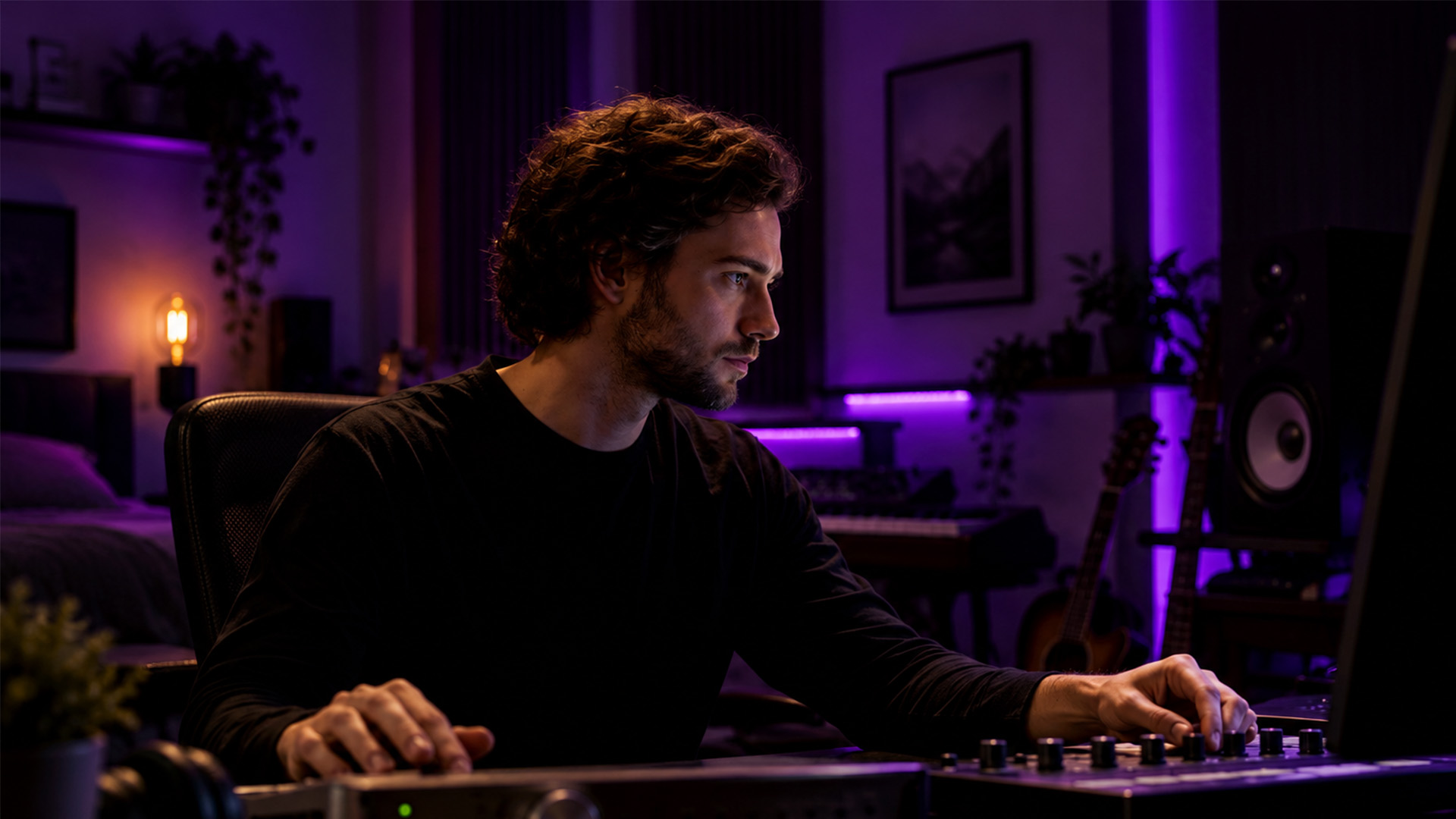 A music production workstation in a dark studio