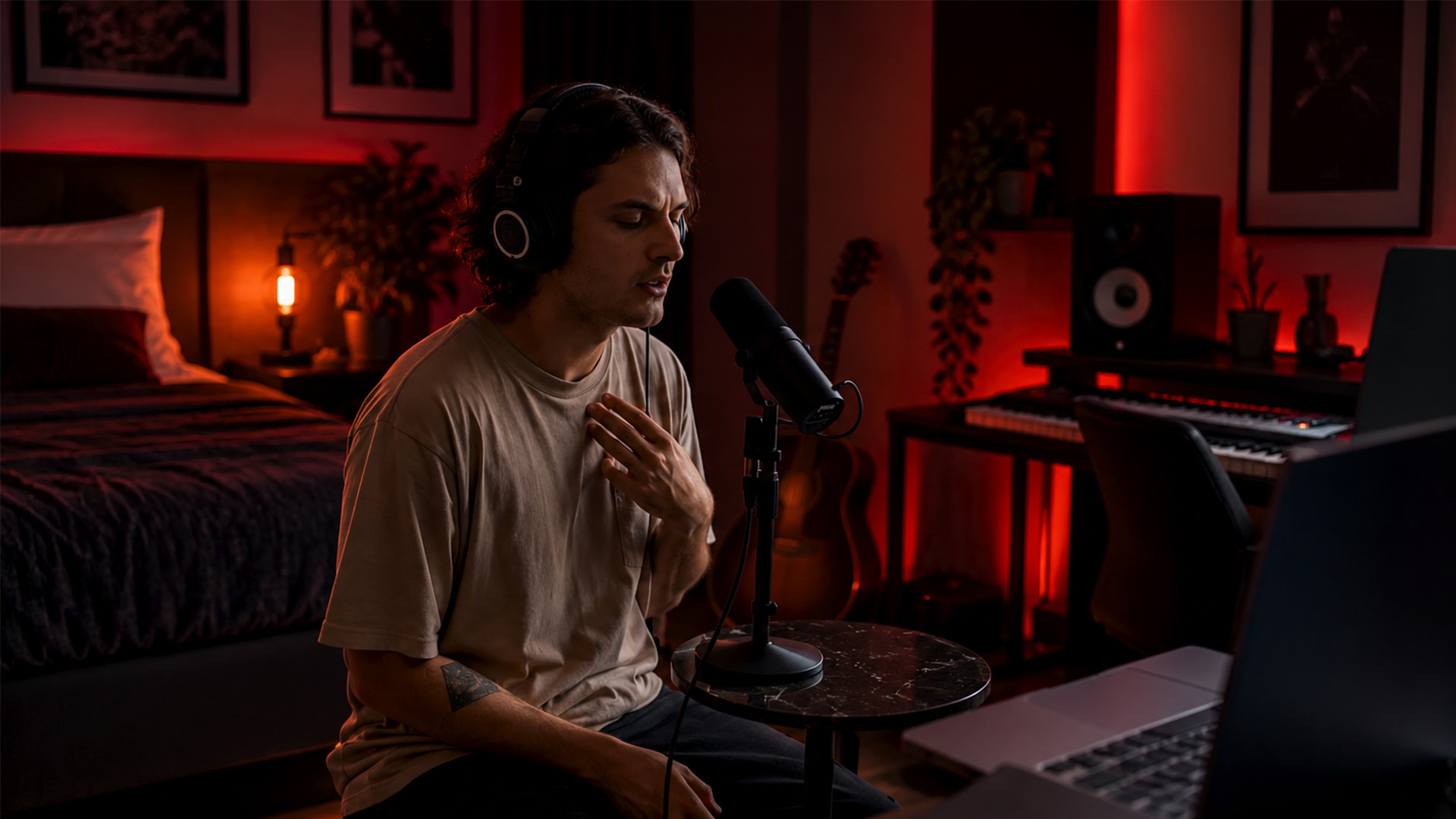 A vocalist recording quietly in a hotel room