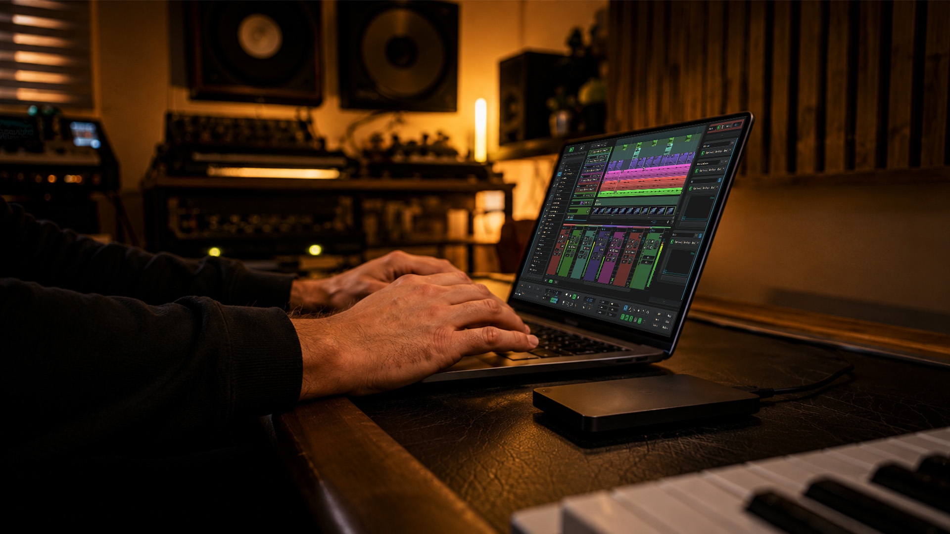 Hands tagging a DAW project version in a studio
