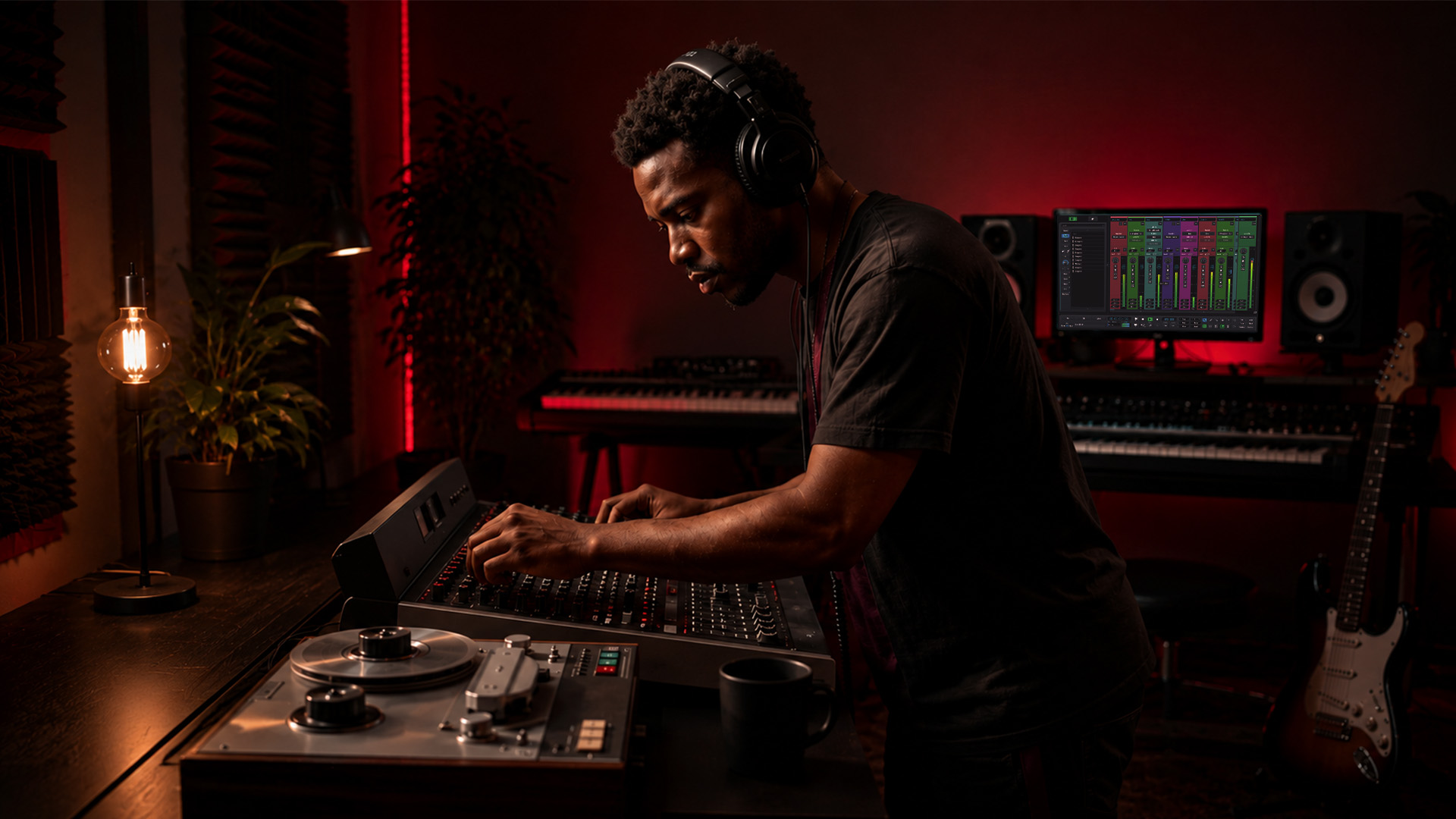 An audio engineer mastering on a console