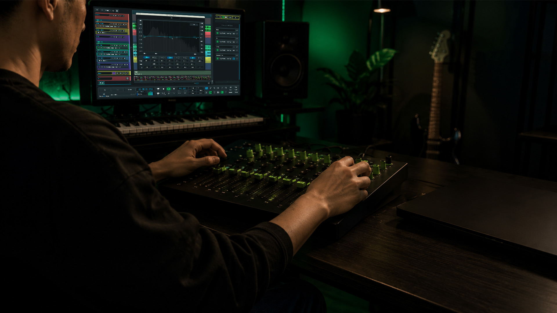 Hands adjusting loudness on an audio controller