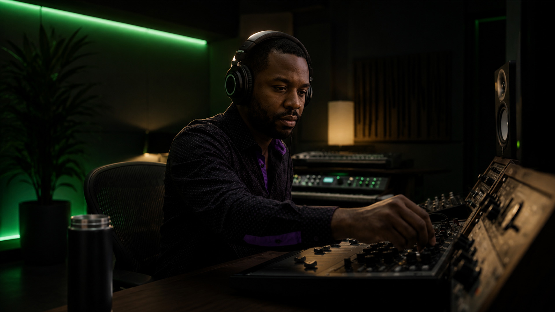 An audio engineer mastering music in a professional studio
