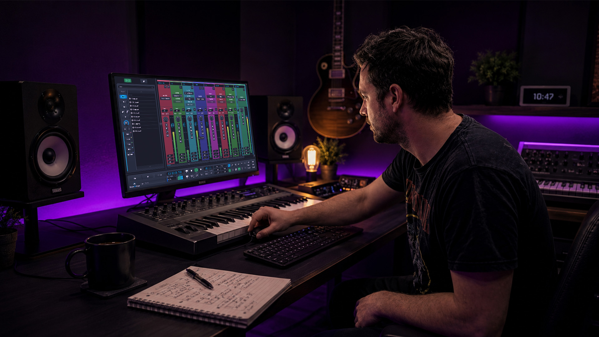 An audio engineer in a home studio environment