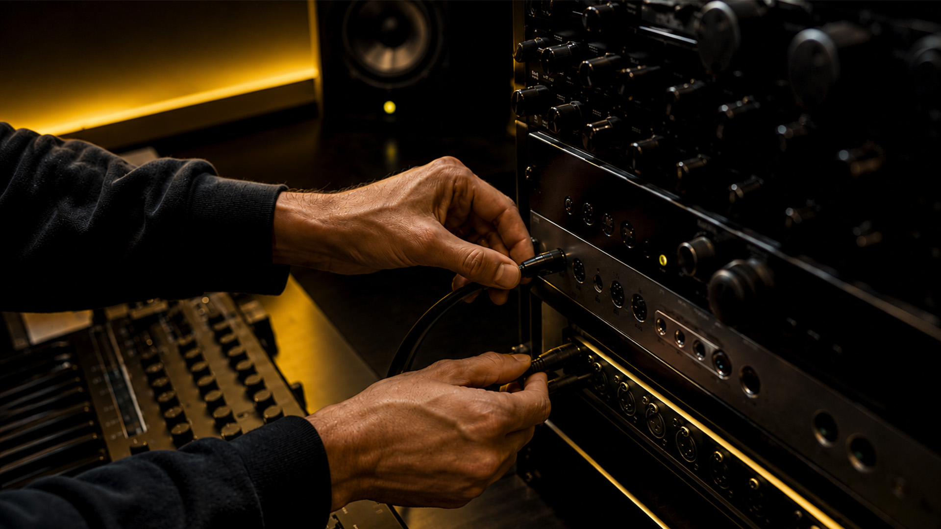 Hands connecting MIDI cables in a music studio