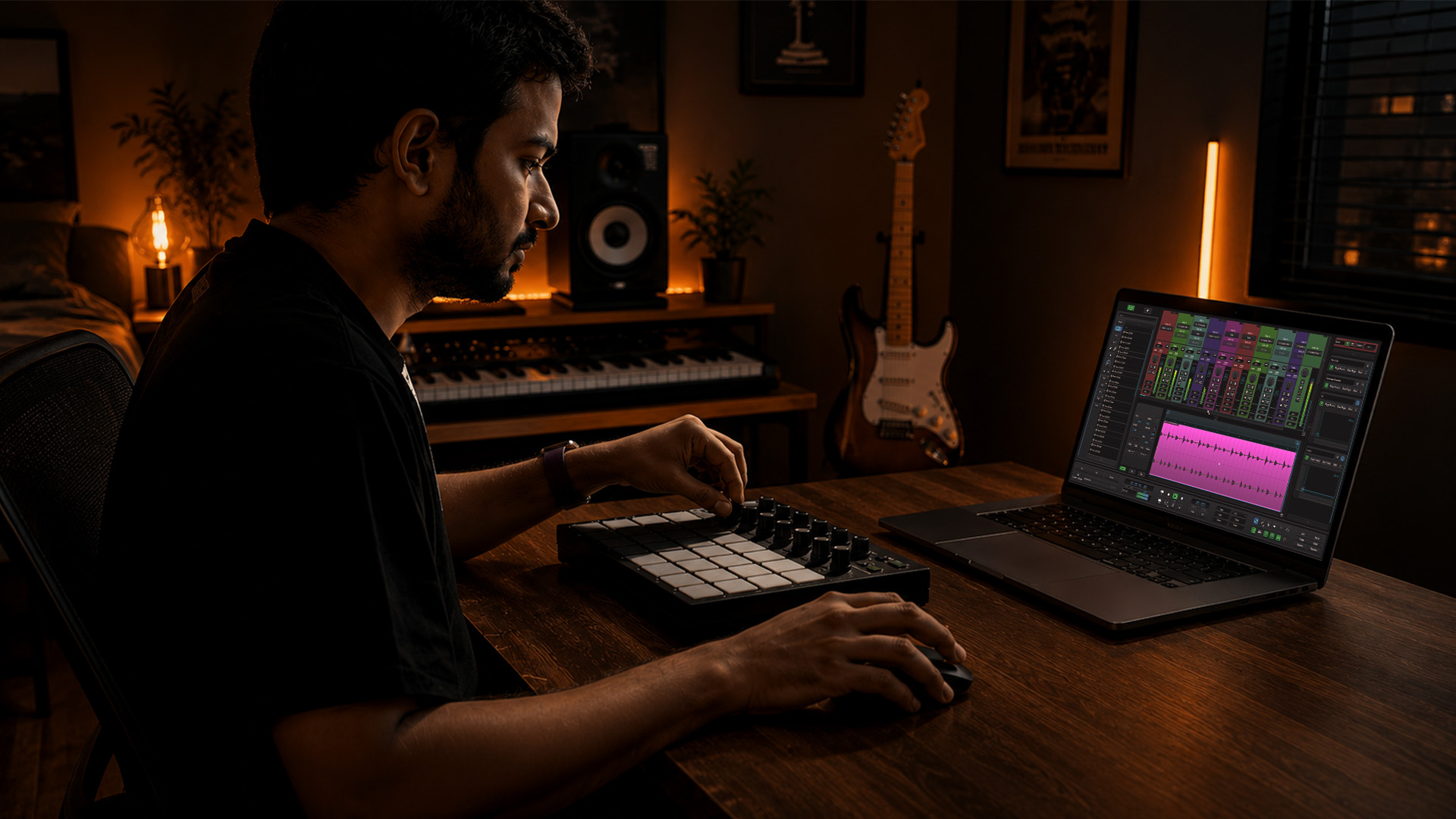 Hands quantizing MIDI on a music producer's controller