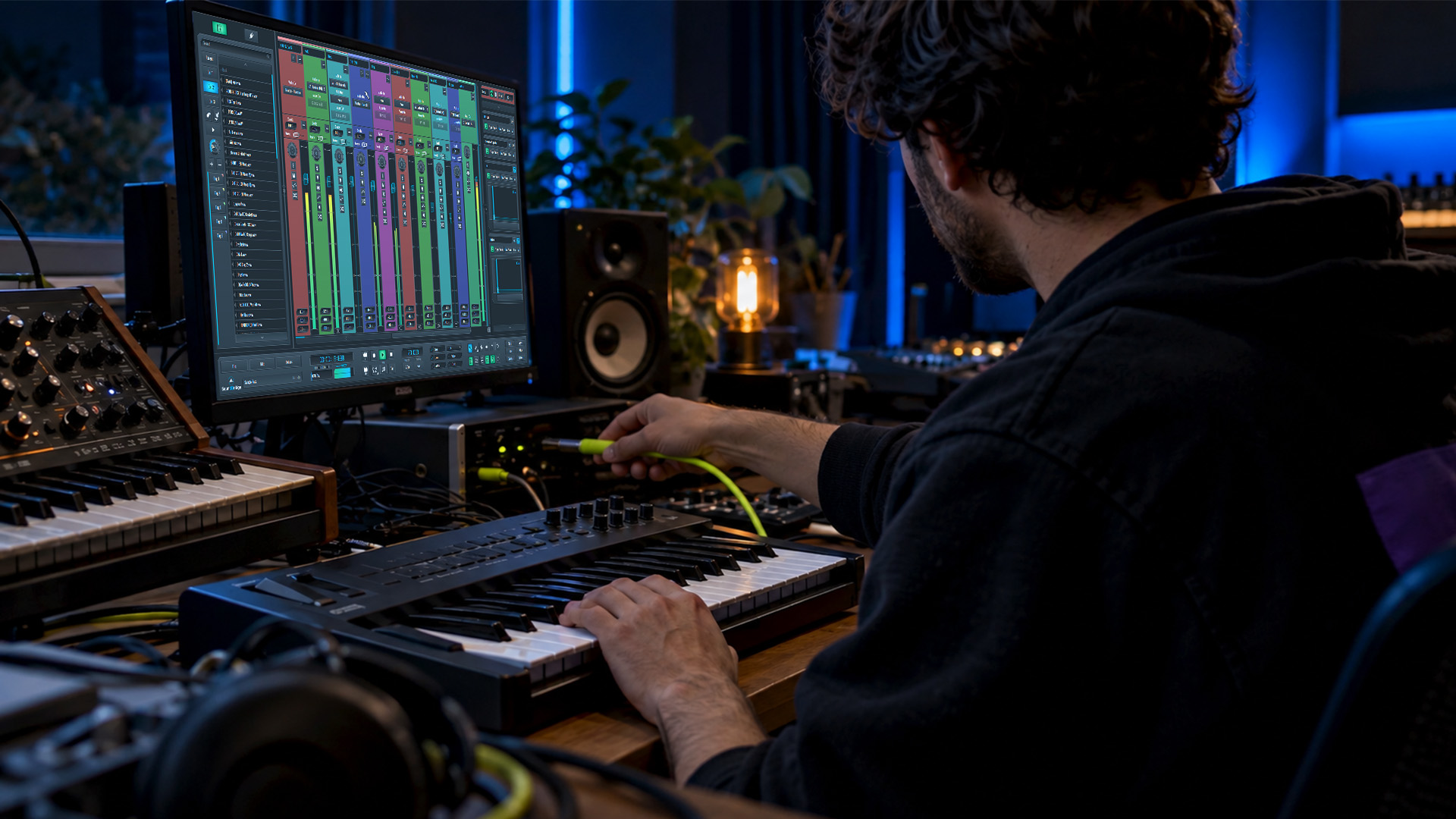 A producer tracing MIDI cables in a studio