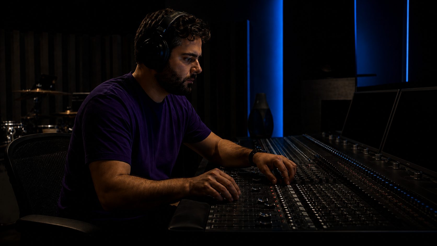 An audio engineer mixing drums in a recording studio