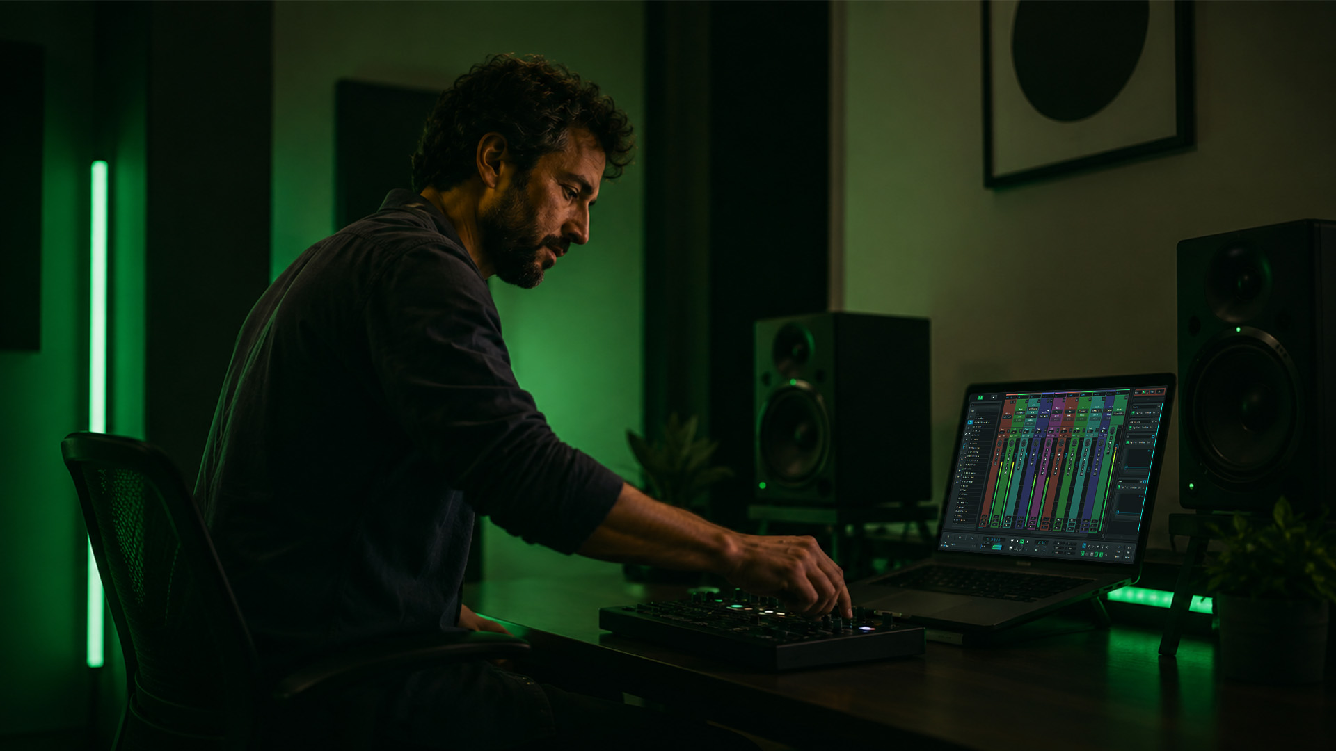An audio engineer working at a mixing console
