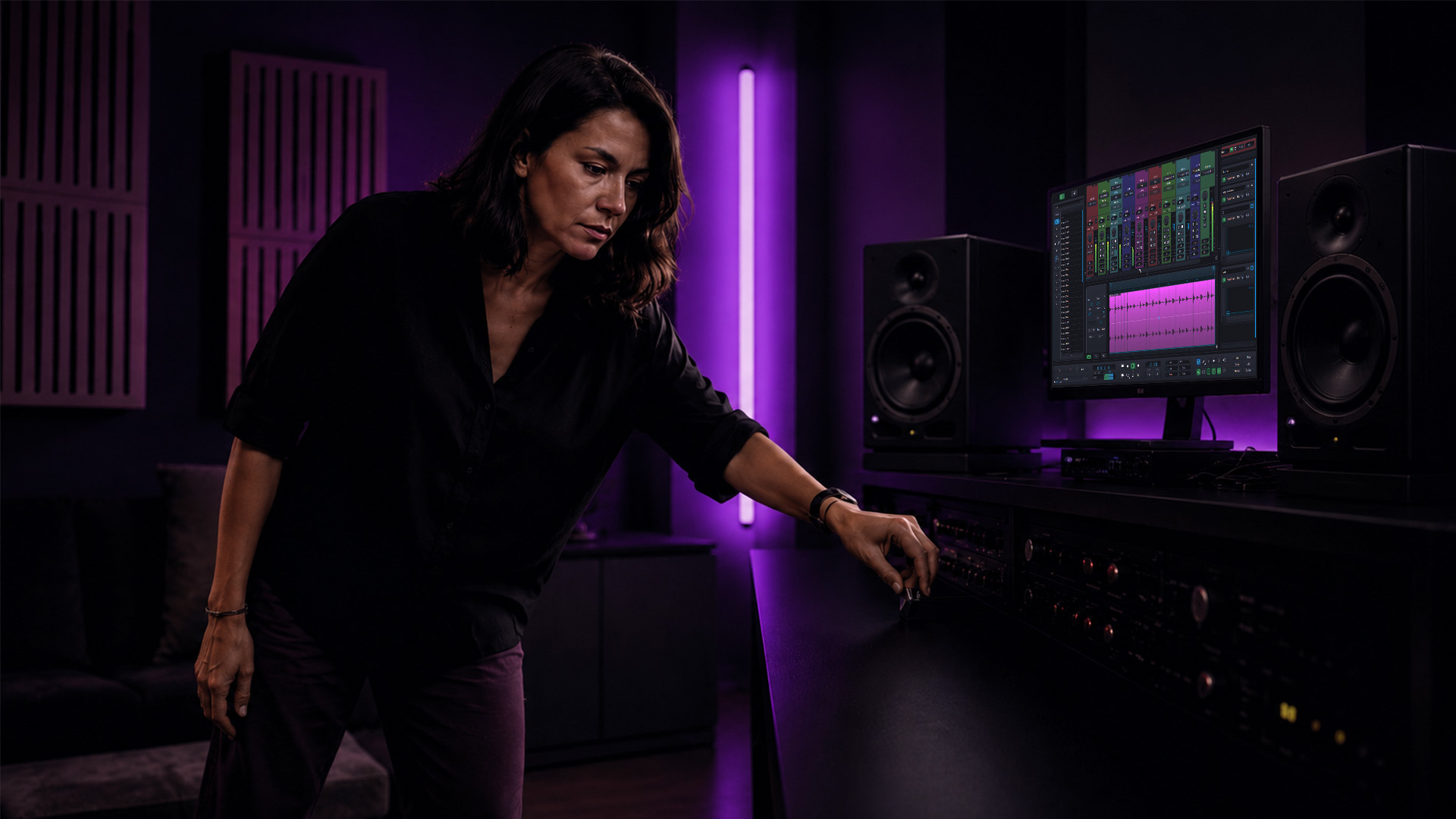 A mastering engineer adjusting hardware controls