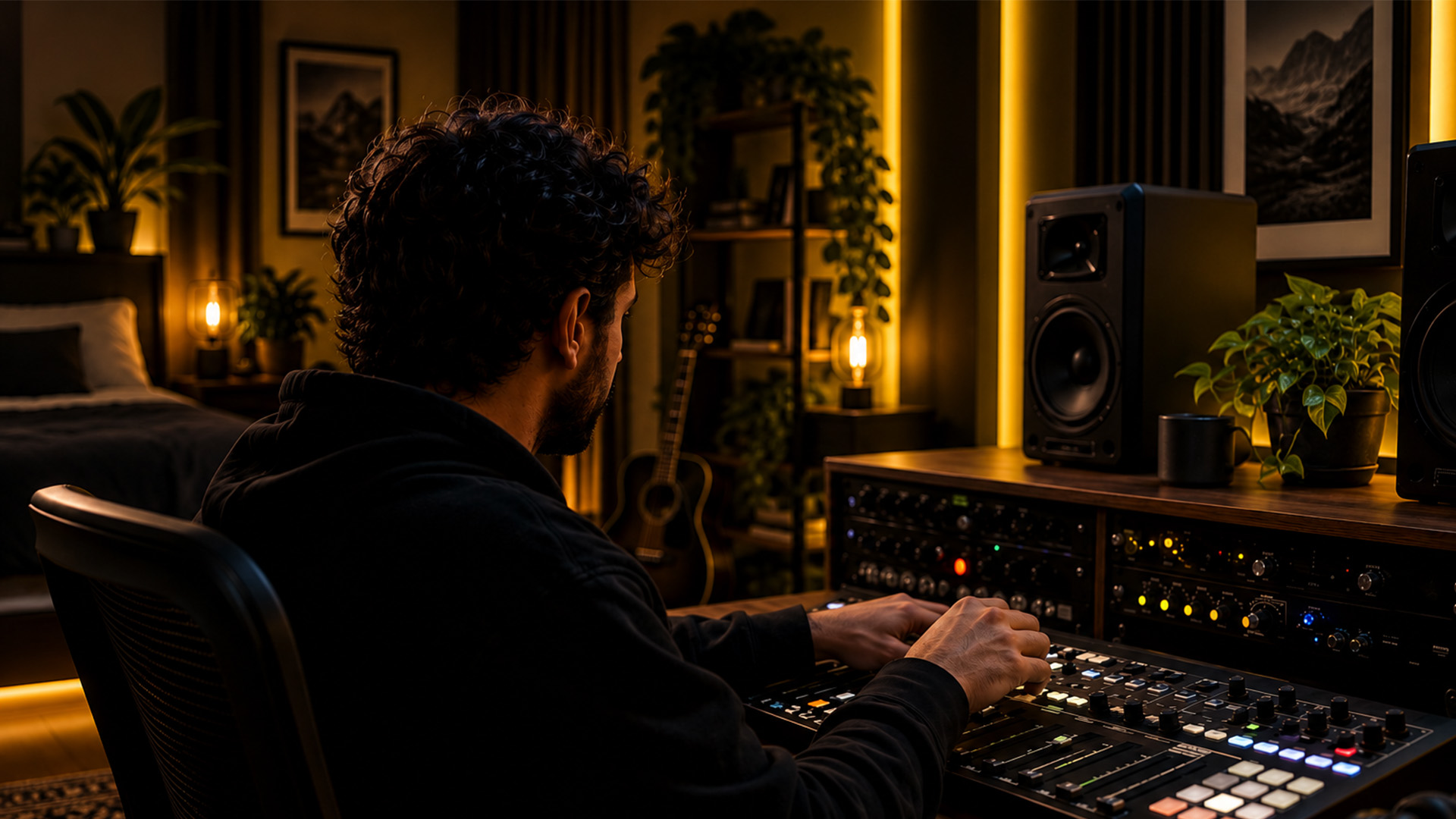 A producer adjusting audio interface controls