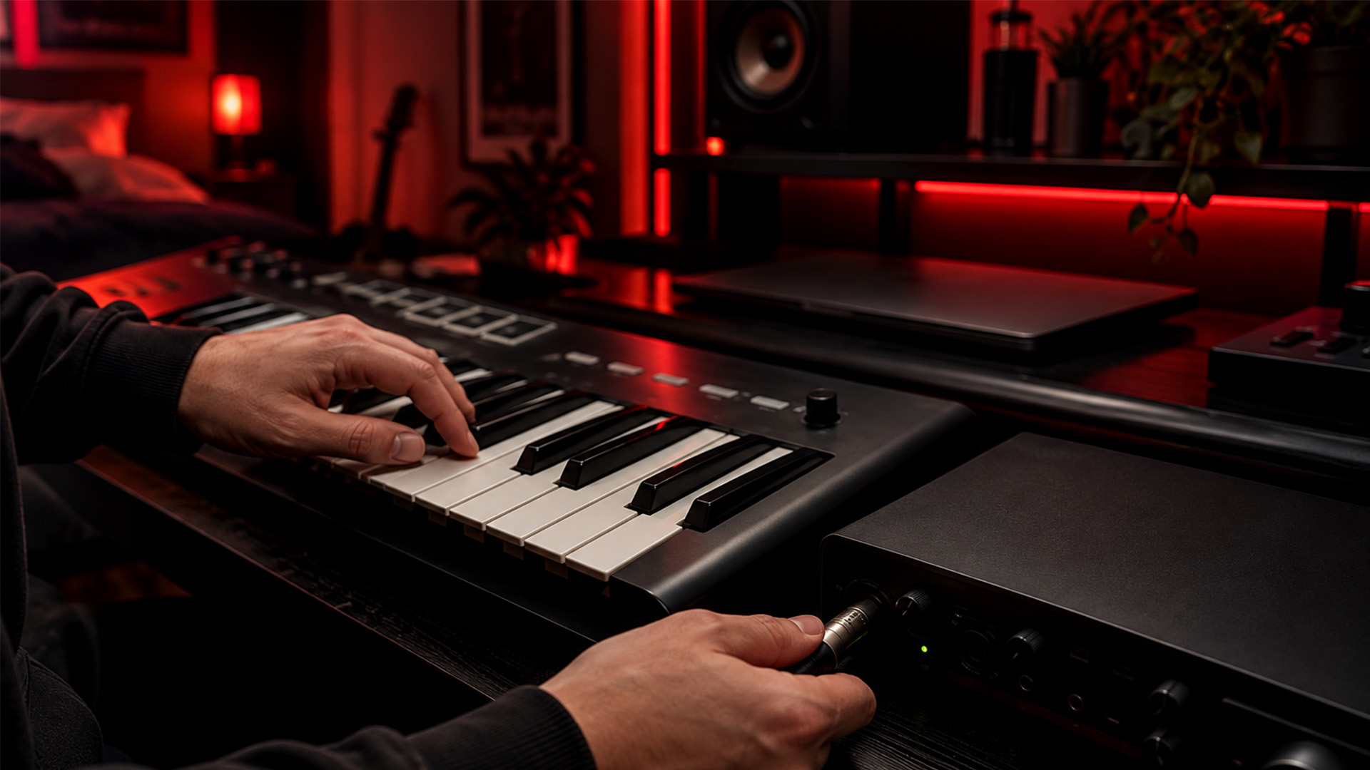 Hands connecting a MIDI keyboard cable
