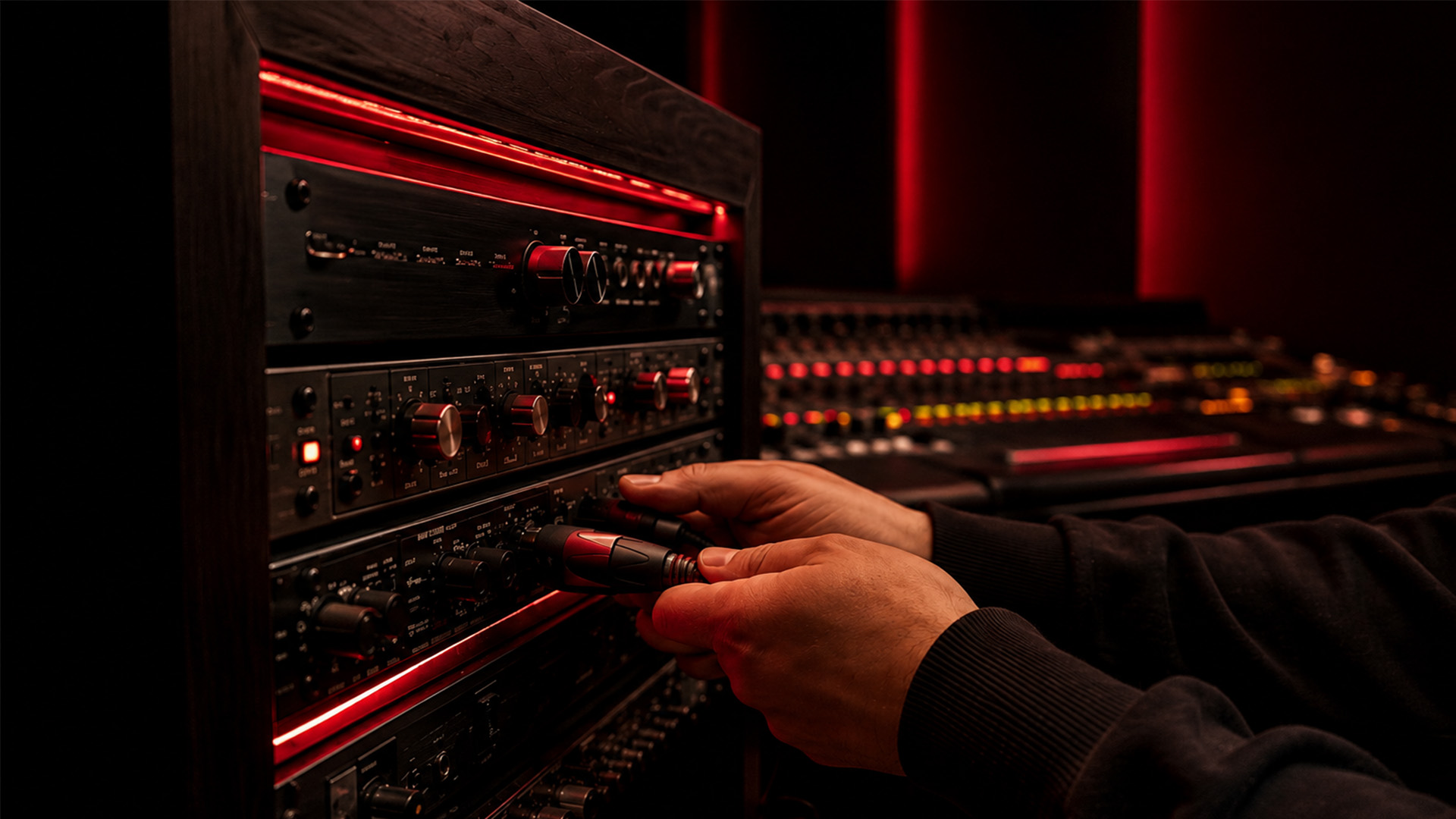 Hands plugging a network cable into an audio interface