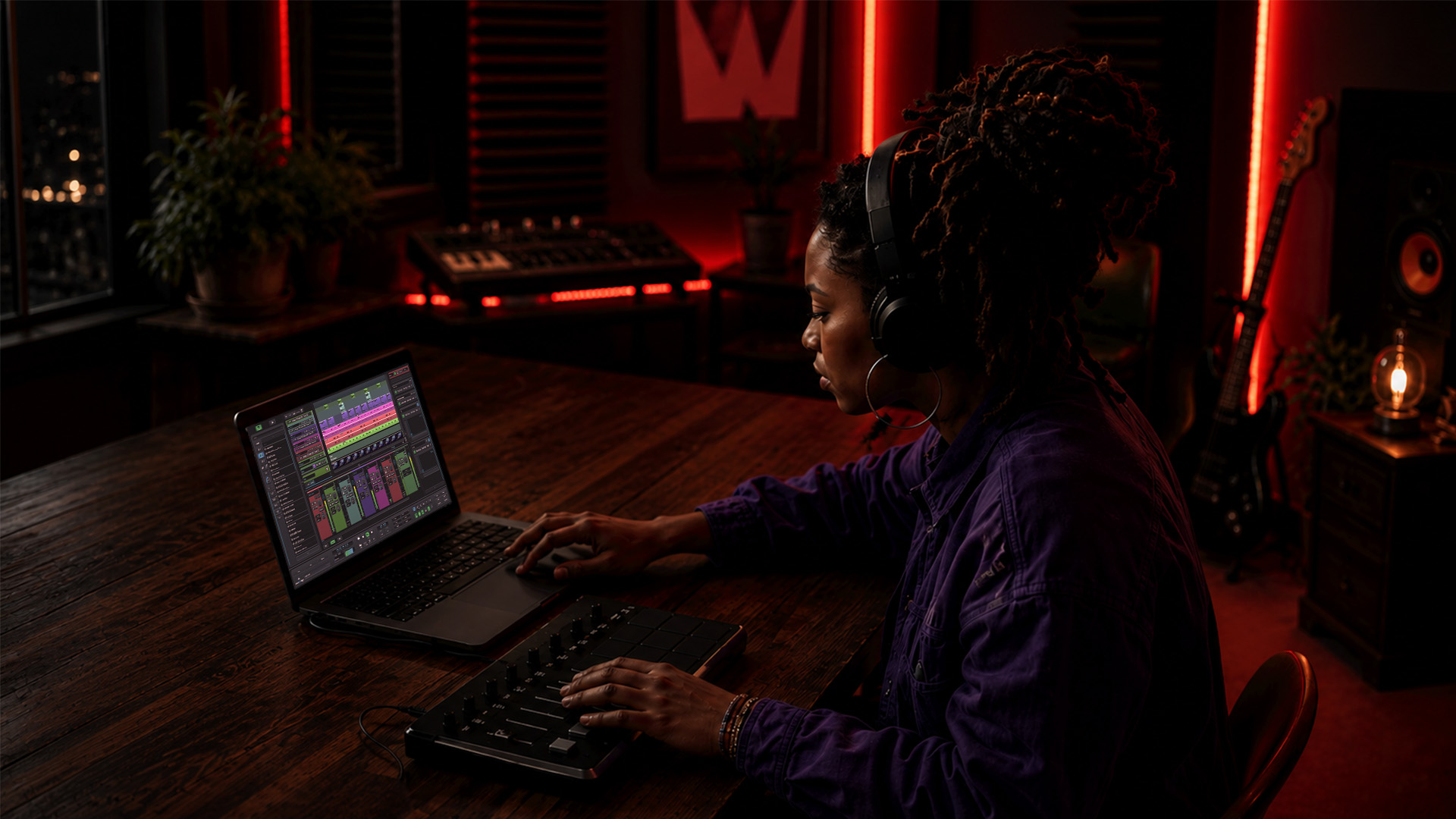 A teacher using a laptop and a MIDI controller for remote music lessons