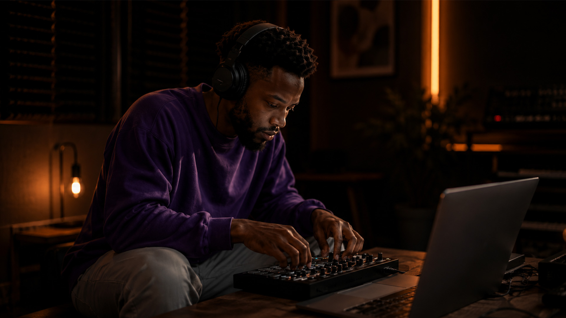 A music producer adjusting controls in a home studio