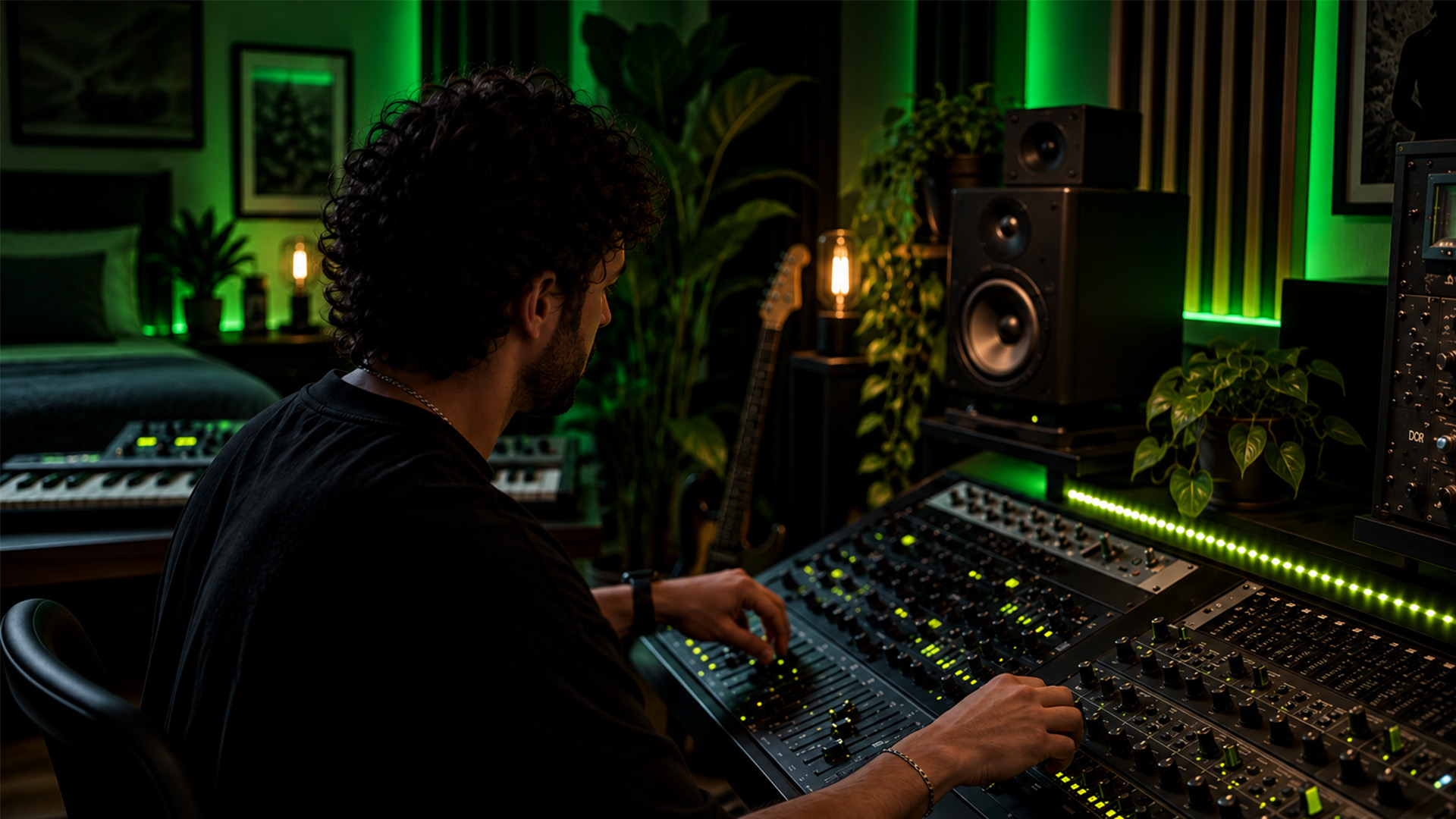 Hands turning mixing console knobs in a home studio