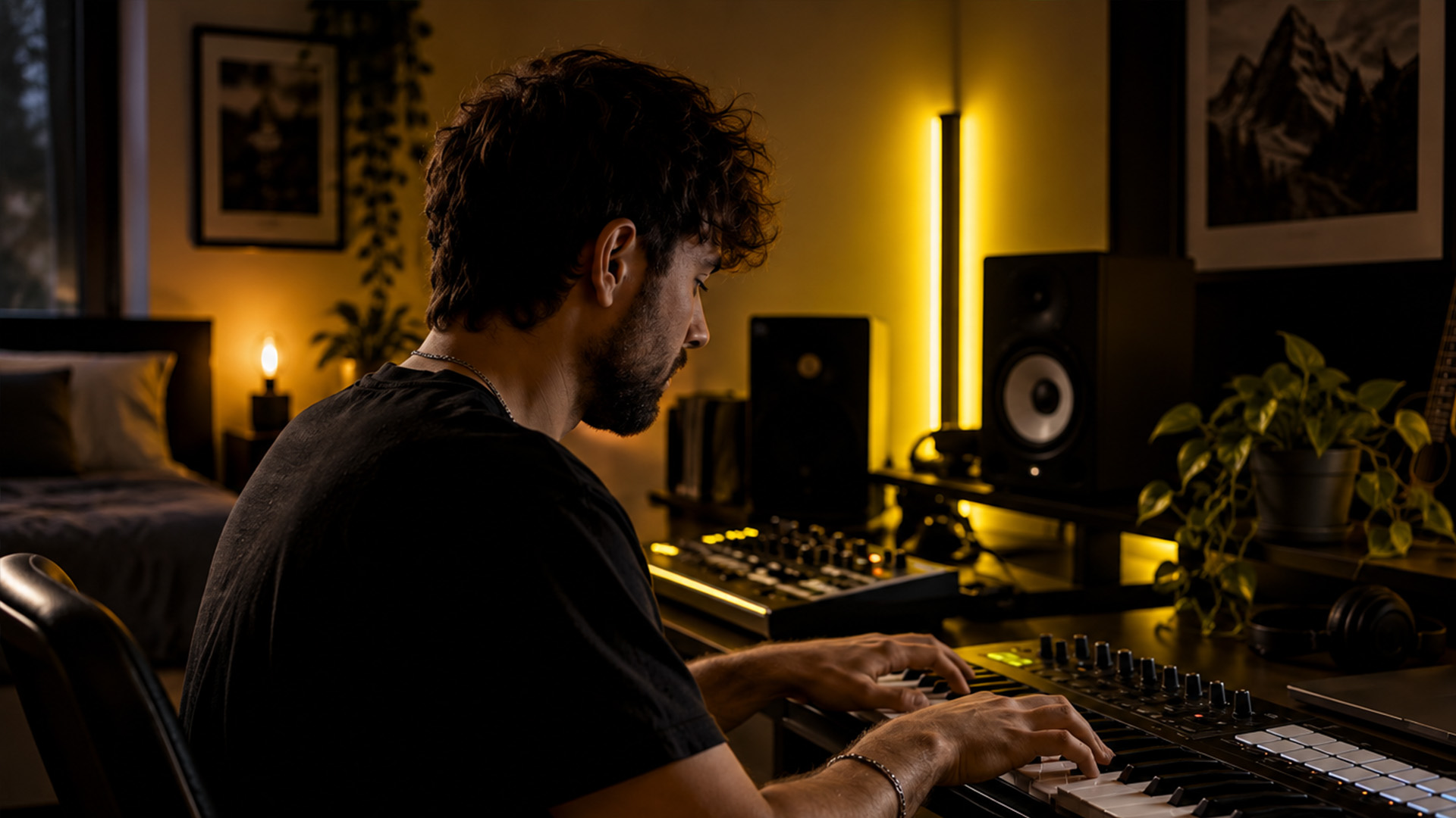 Hands playing a MIDI keyboard close-up