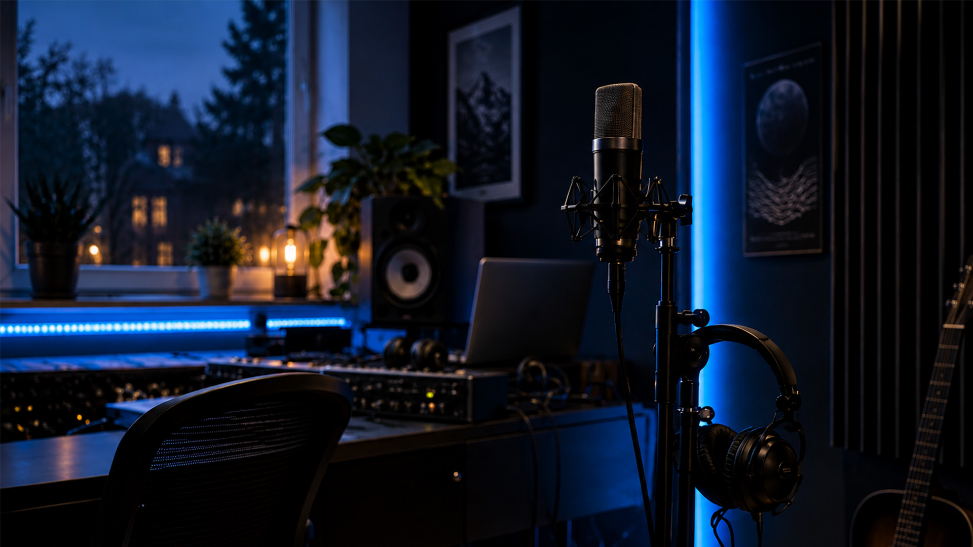 A microphone and headphones in a music studio corner