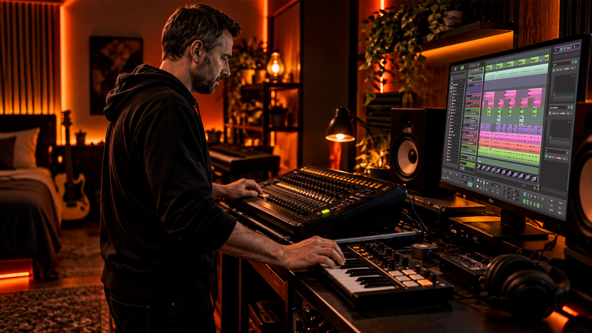 A technician comparing lighting and MIDI controls