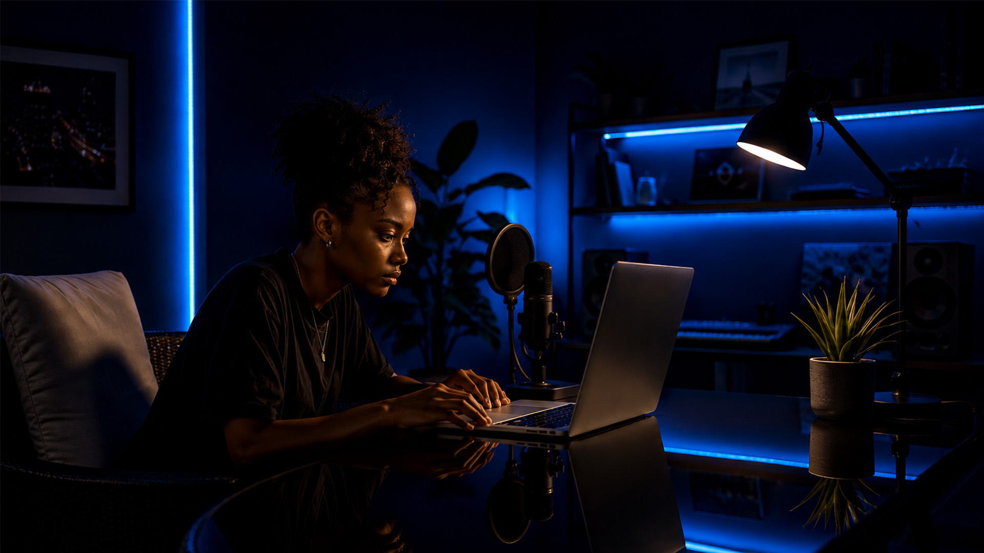 Hands typing near a microphone in a remote session