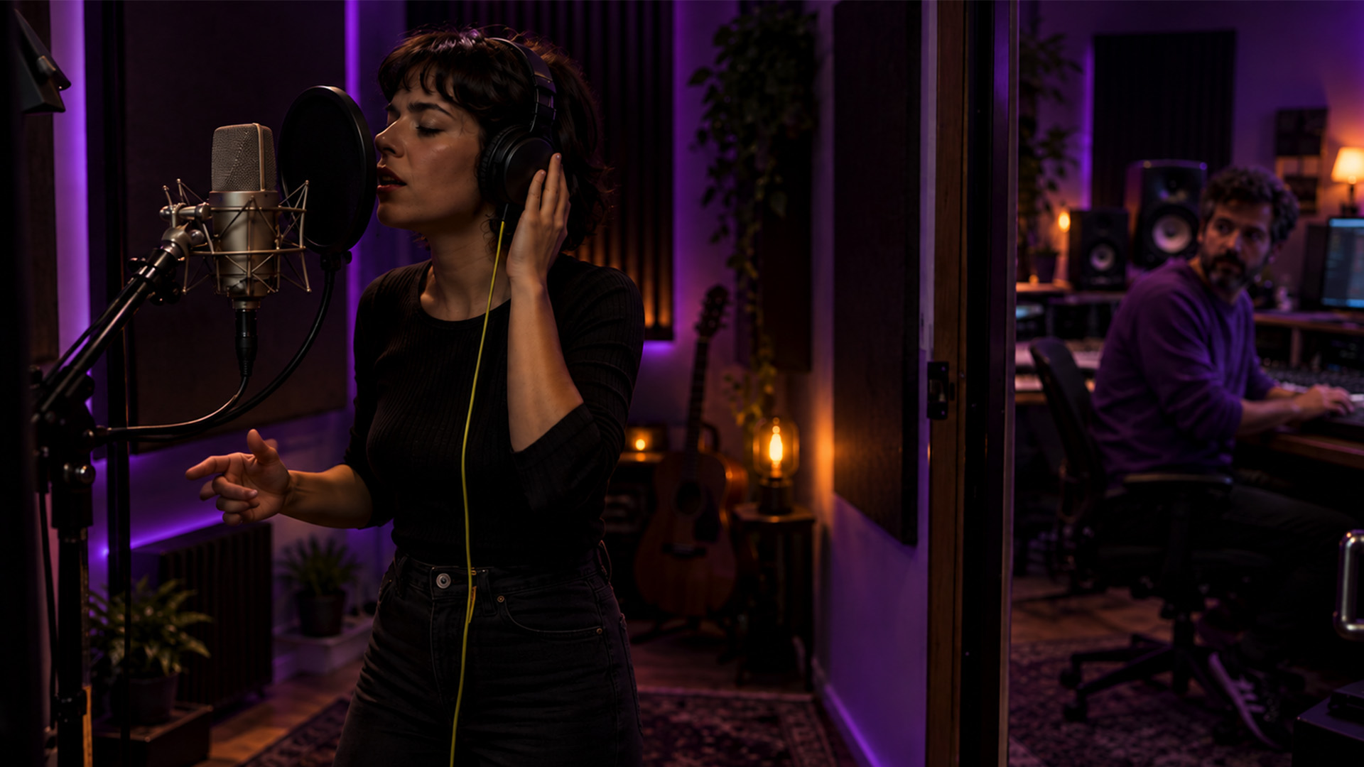A vocalist testing latency through studio headphones