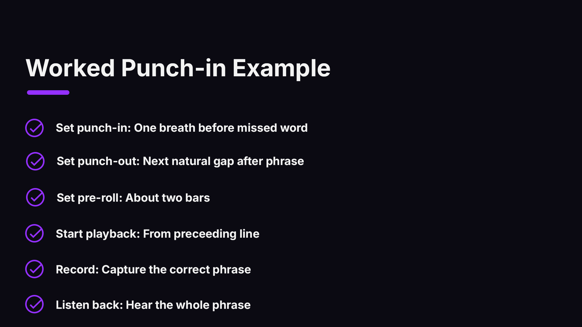 The timeline of a vocal punch-in workflow from pre-roll to review