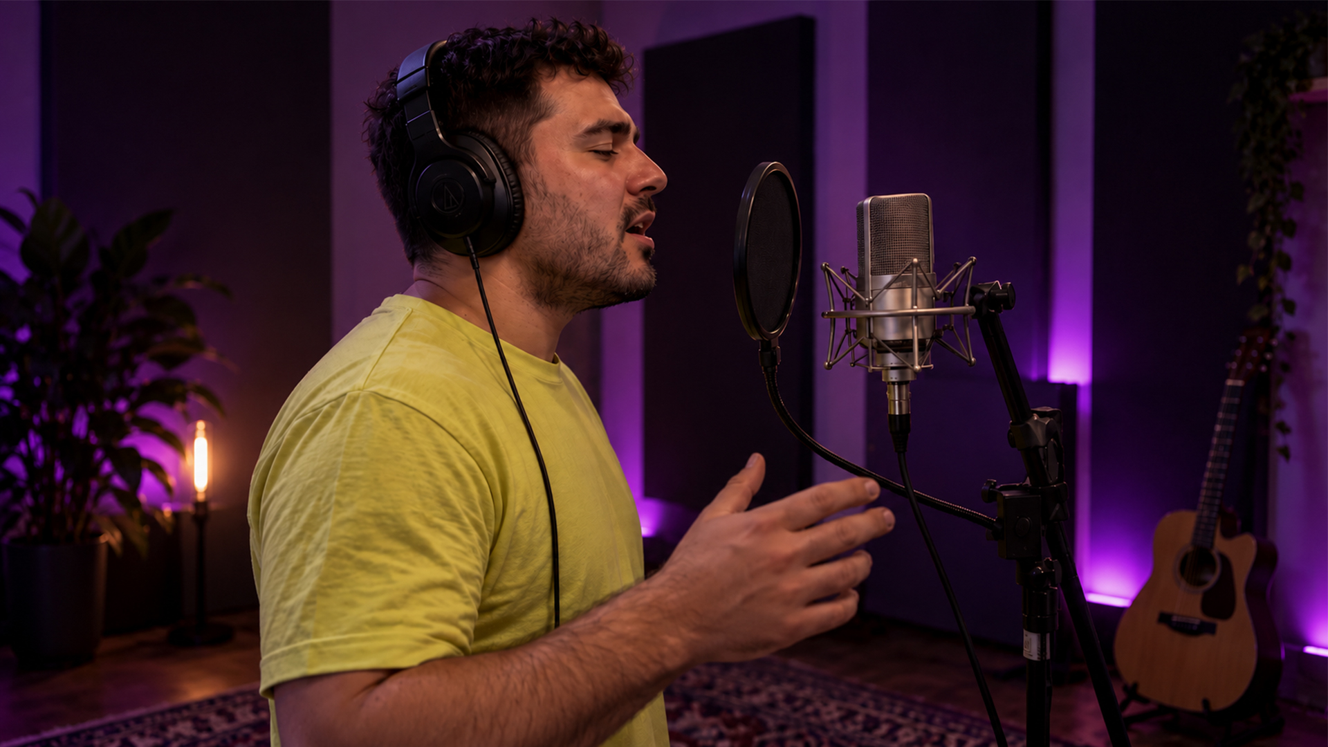 A vocalist recording a phrase replacement in a studio