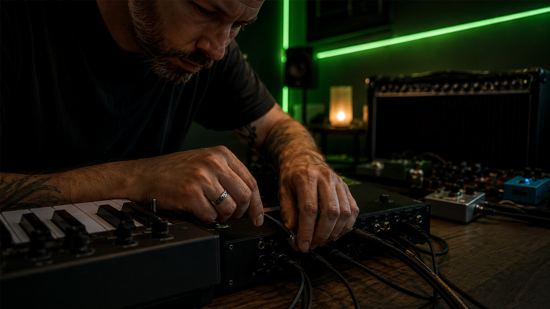 Hands plugging in MIDI cables in a studio