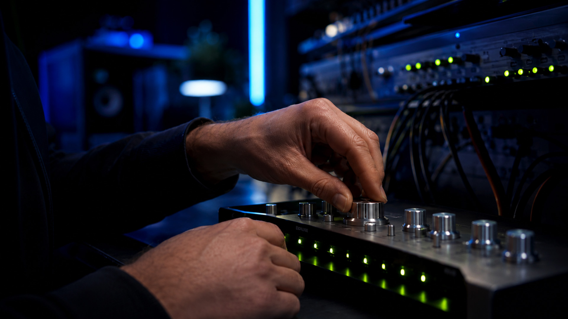 Hands tuning a MIDI clock hardware