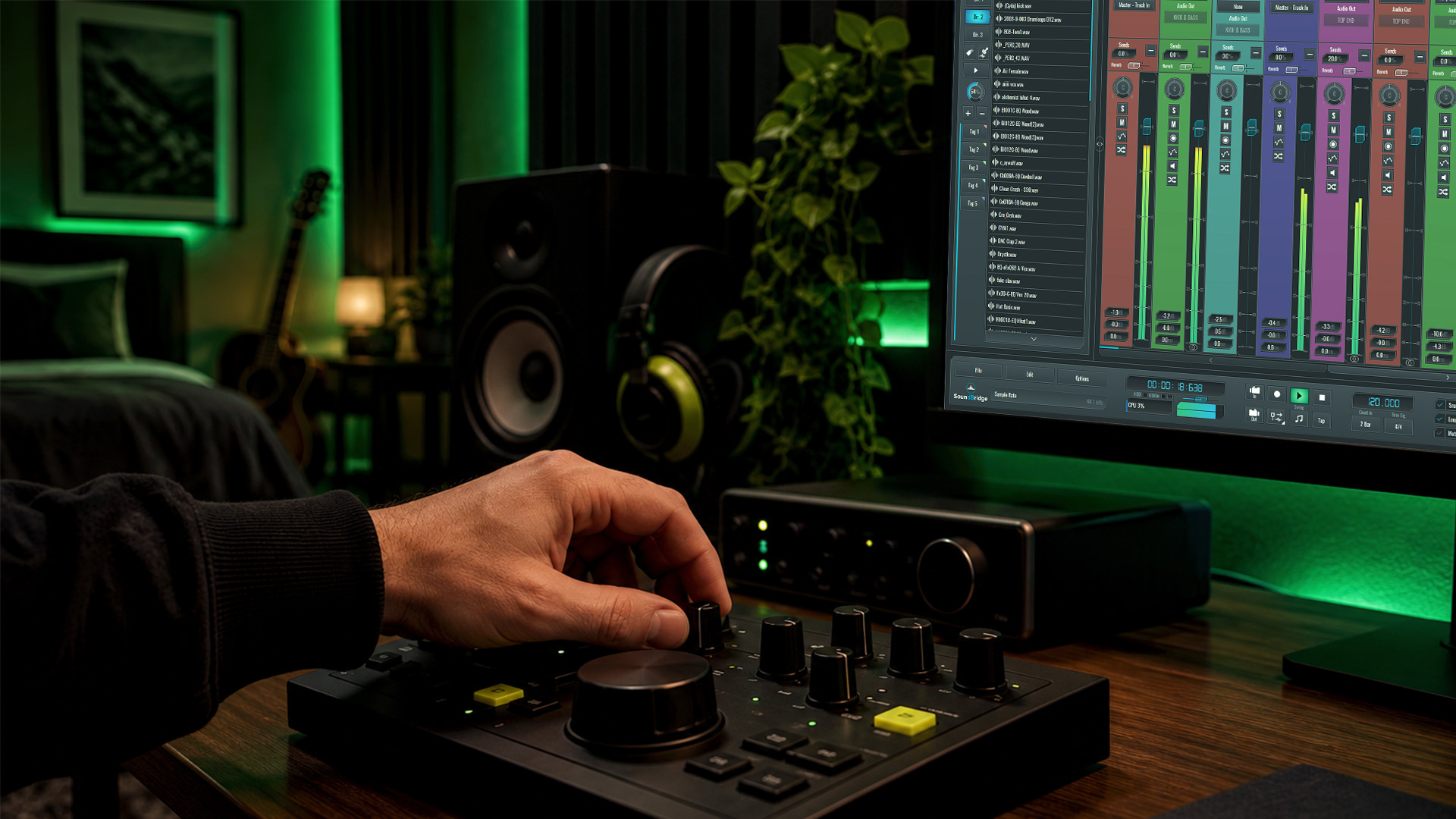A producer capturing computer audio at a workstation