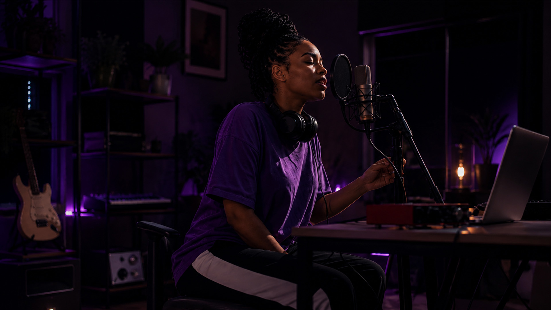 A singer recording vocals in a small treated home studio