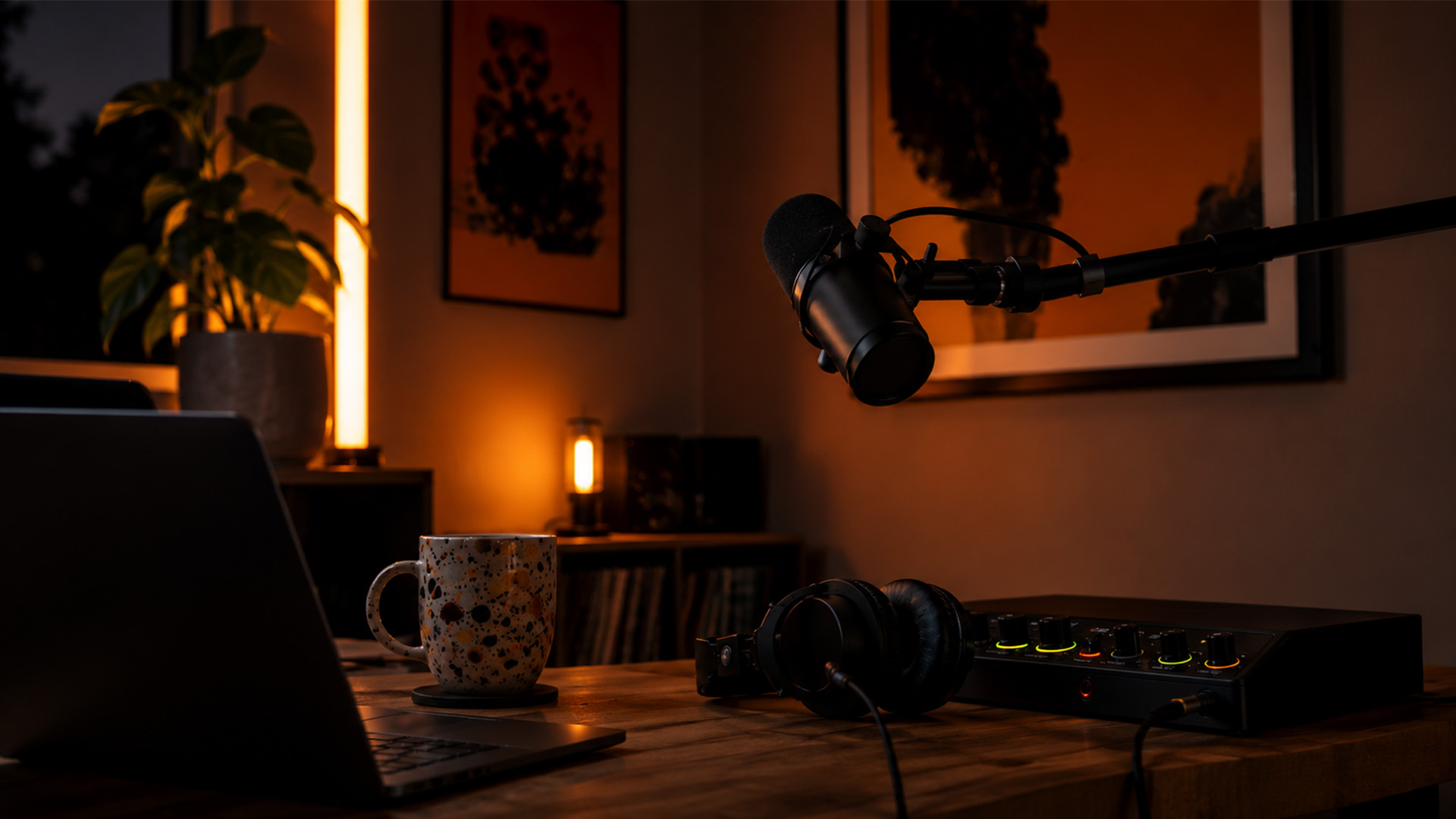 An entry-level microphone and audio interface on home desk