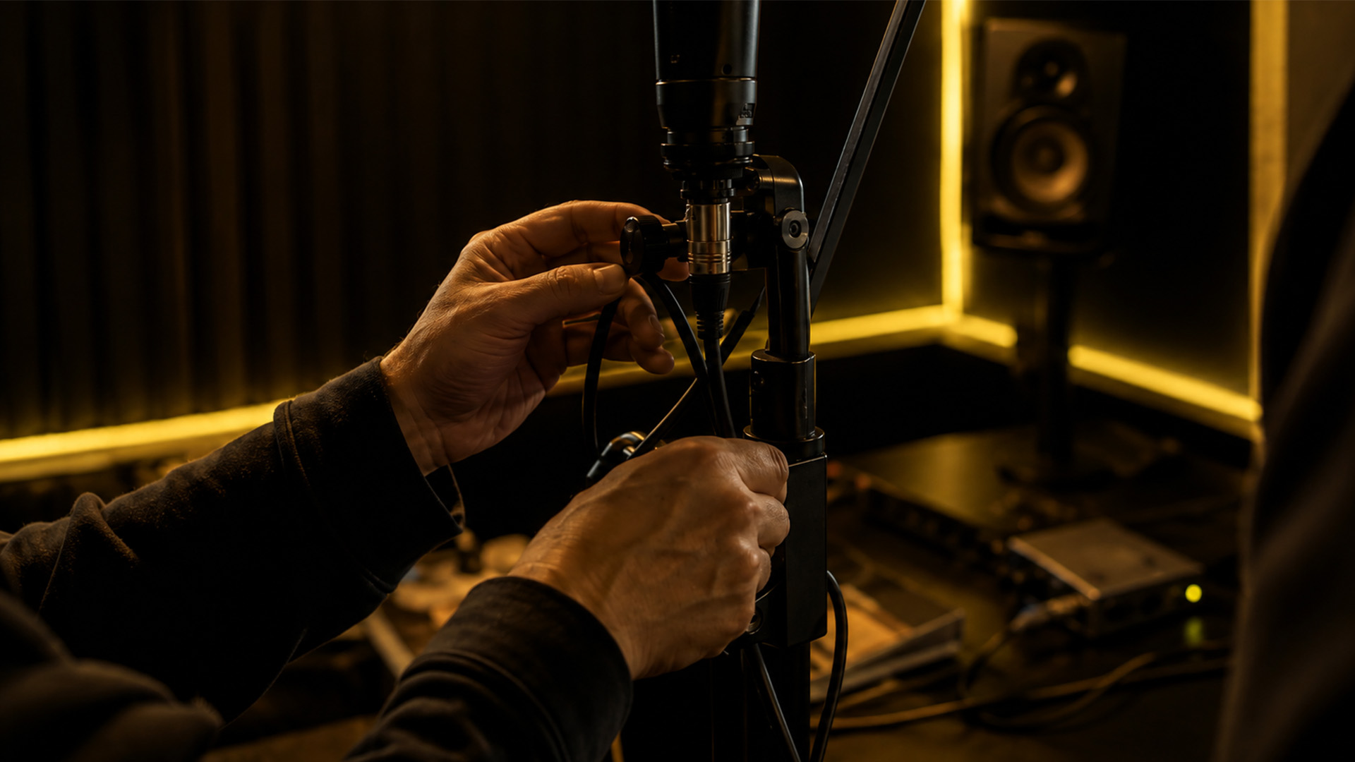 Hands adjusting a microphone stand in a recording room
