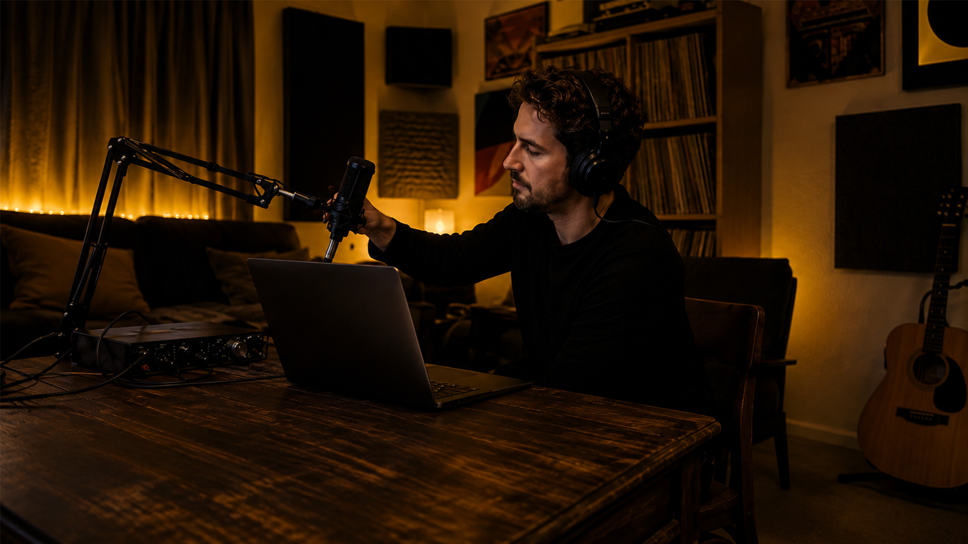 A music producer in a home studio setting up a remote vocal session