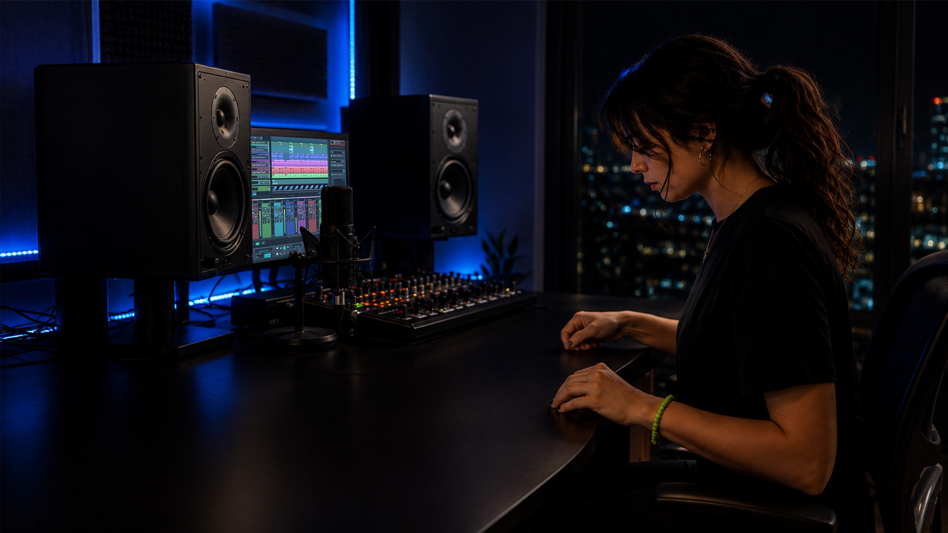 Overhead view of a desk with digital audio tools and guide tracks