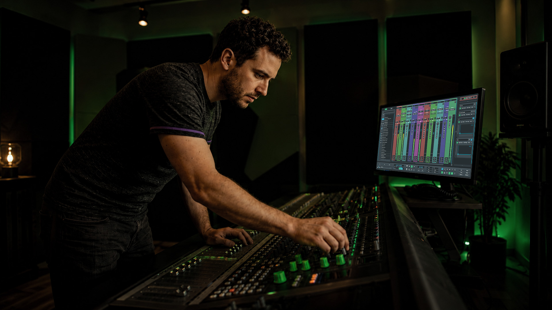 An audio engineer adjusting mixing console effects