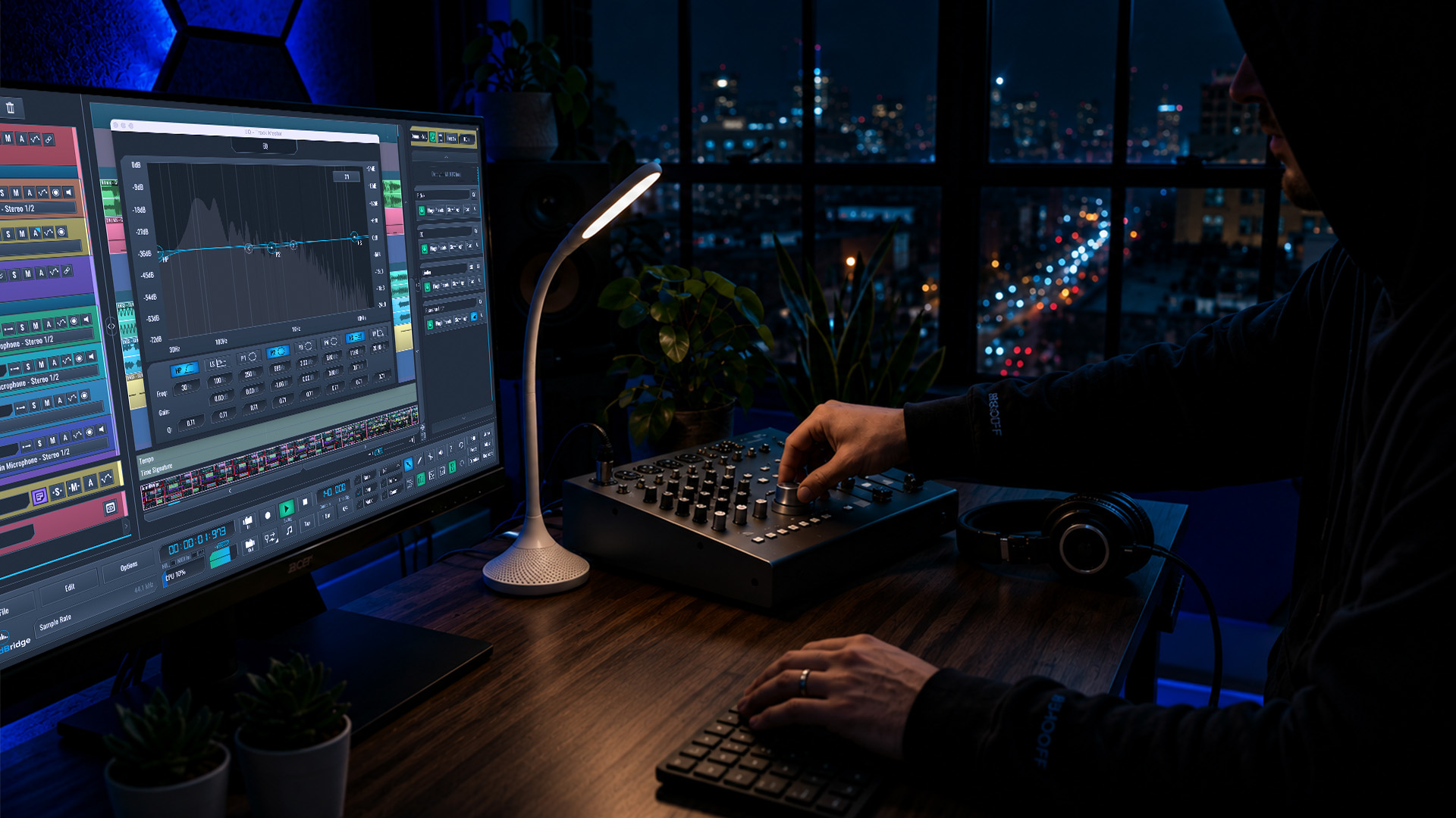 Hands adjusting settings on an audio controller