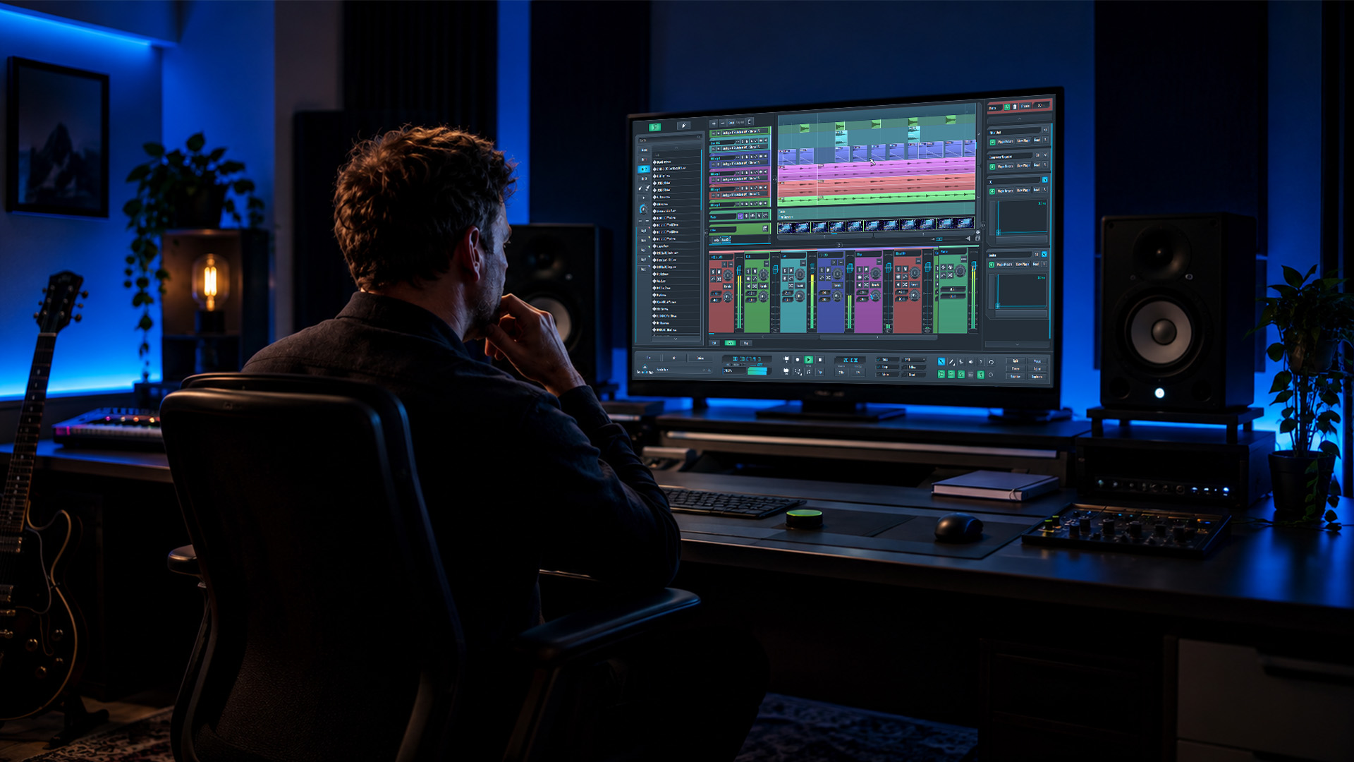 A composer reviewing film picture in a scoring suite