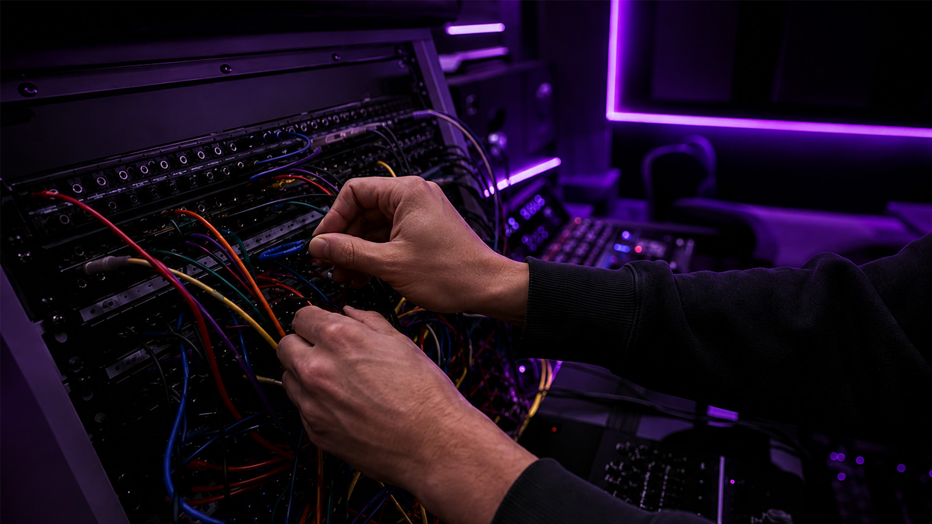 Hands connecting cables in a music studio