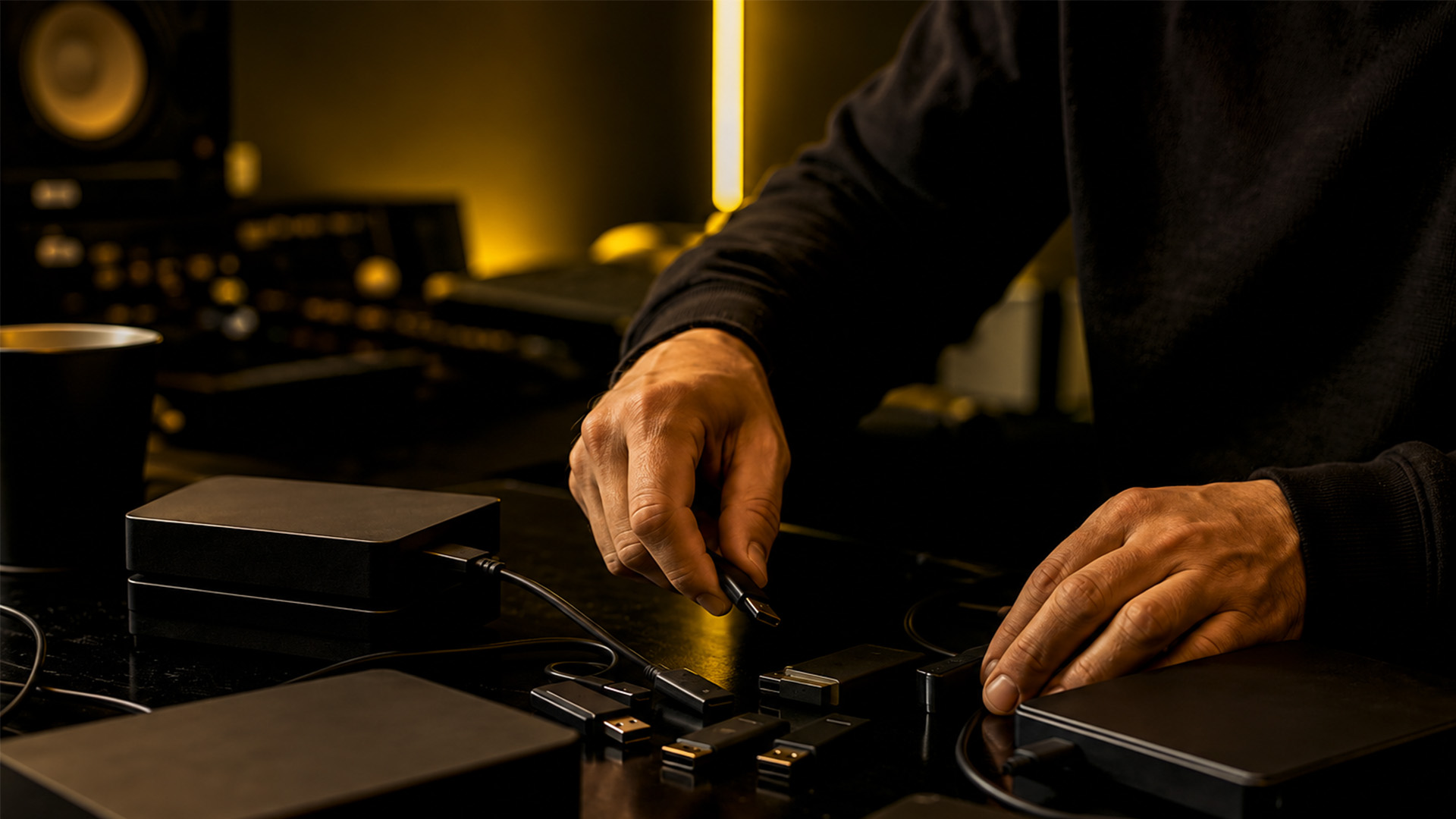 Hands swapping external drives in a home studio