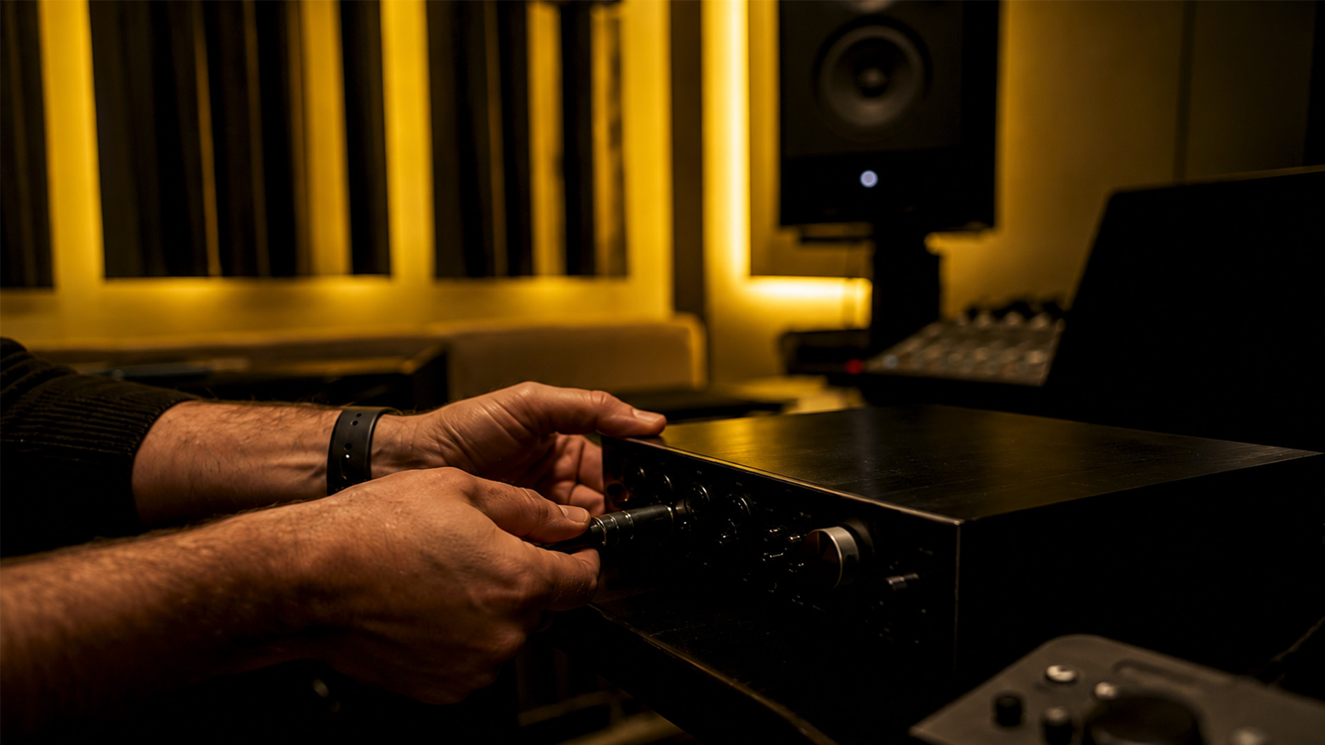 Hands connecting audio interface cables in a studio