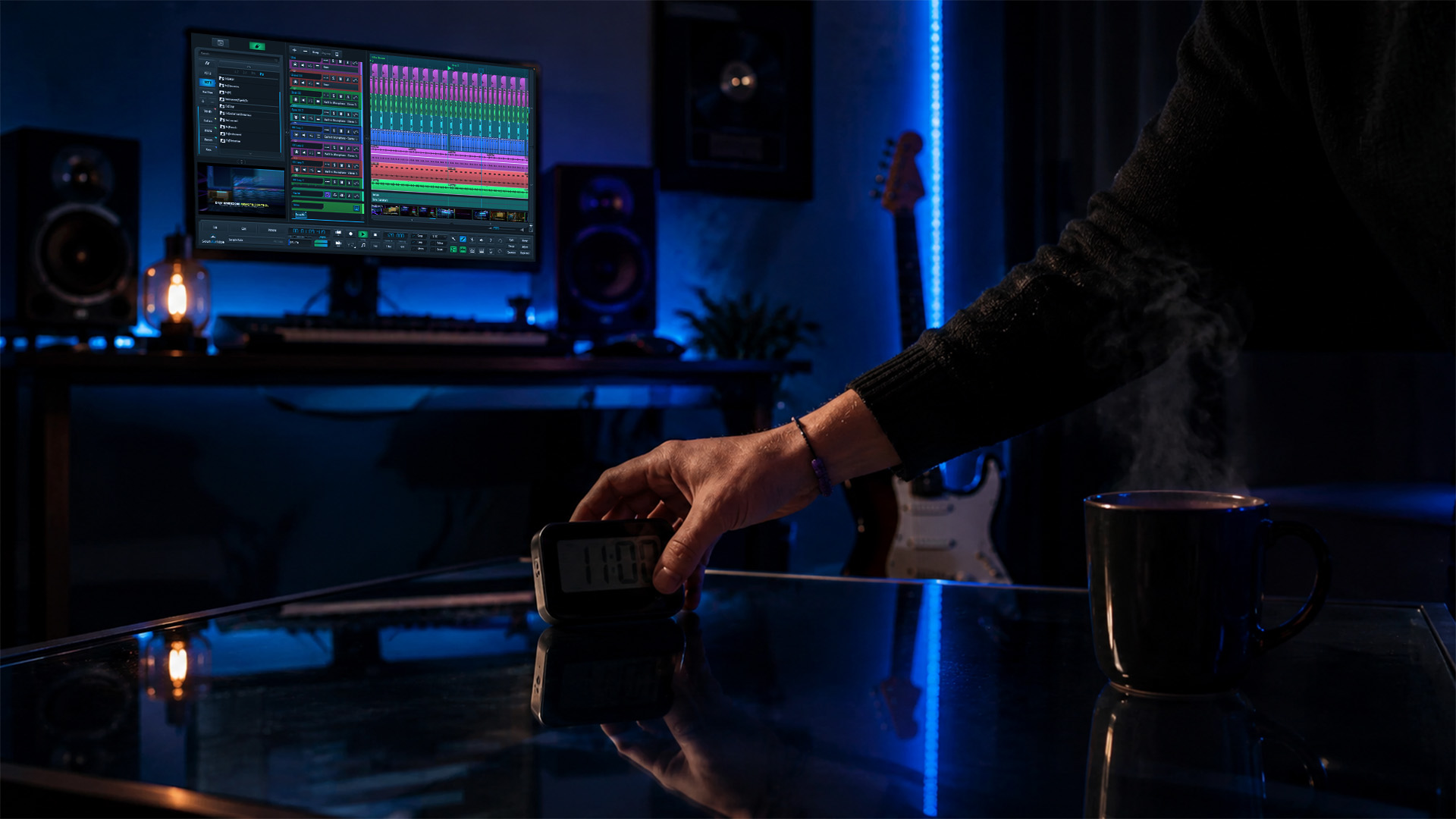 Hands setting a timer on a table in a studio