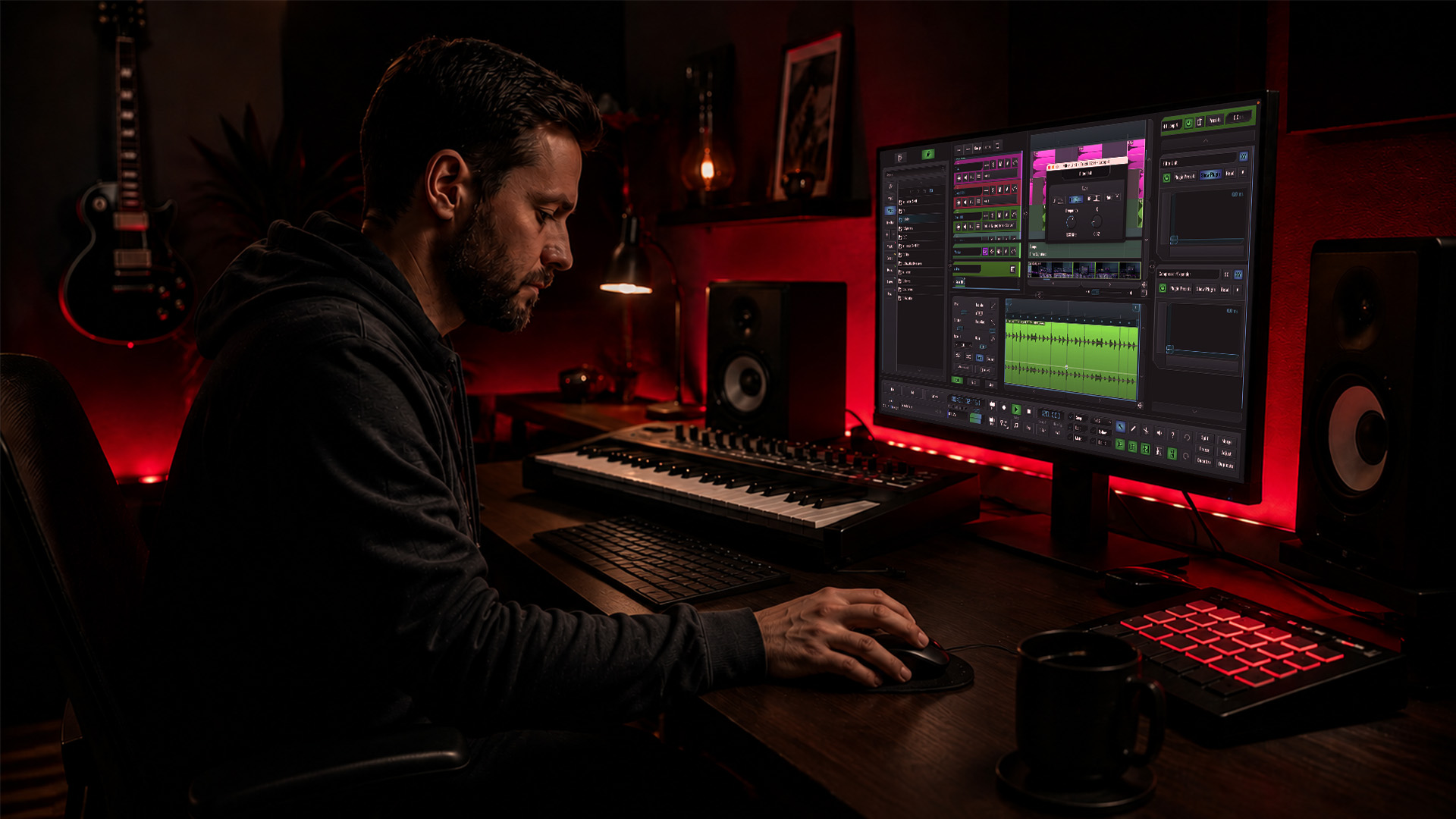 An audio producer working in a home studio