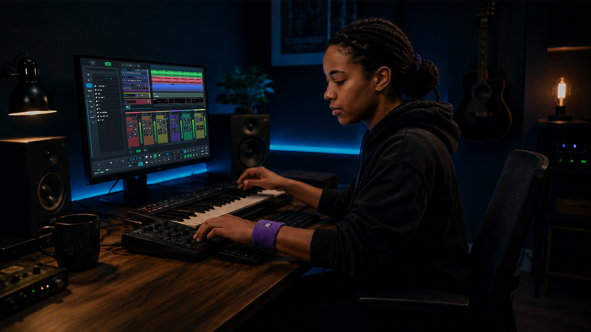 A sound designer using synthesis and sampling tools