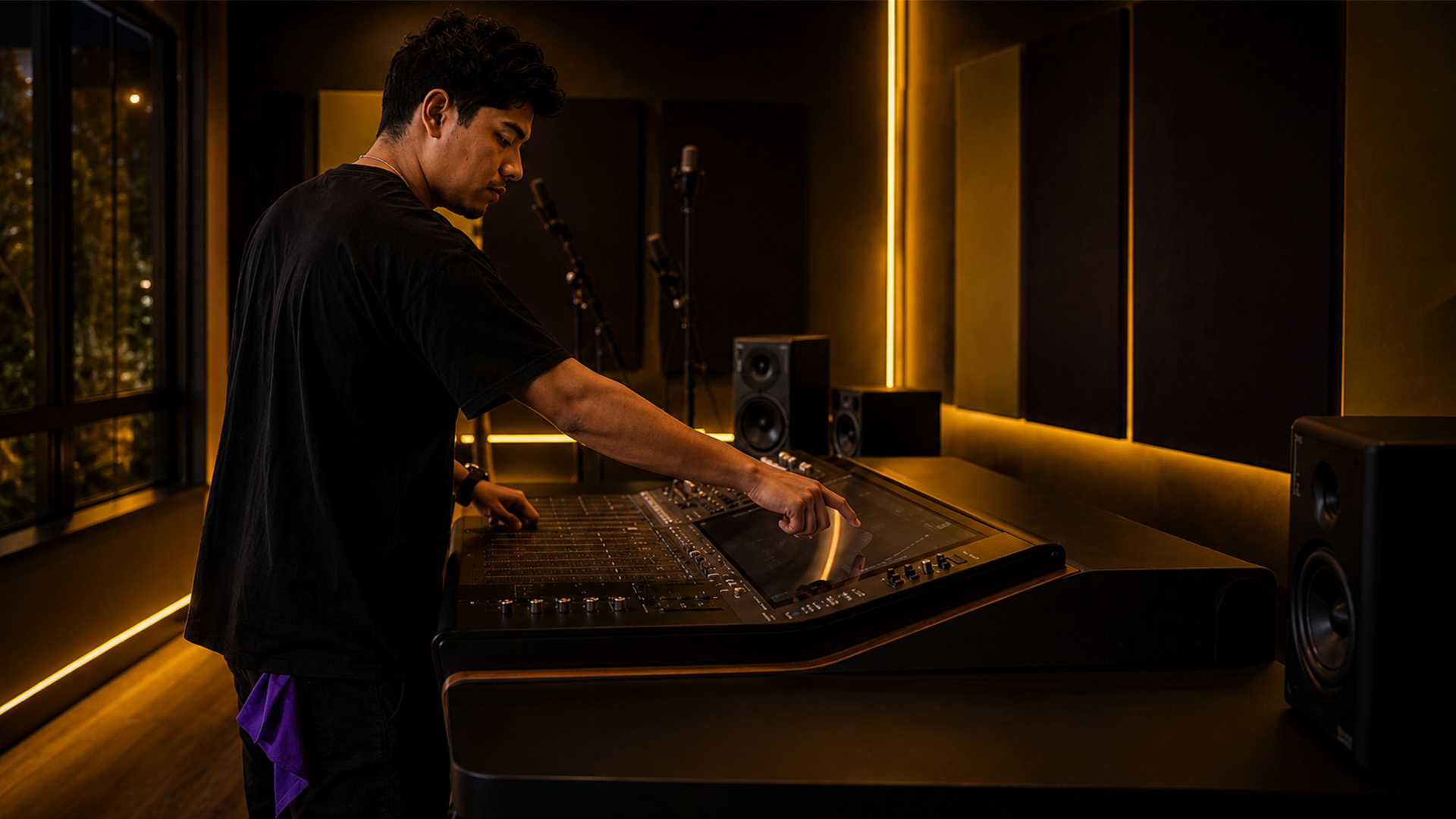 Hands adjusting latency compensation on a mixing console