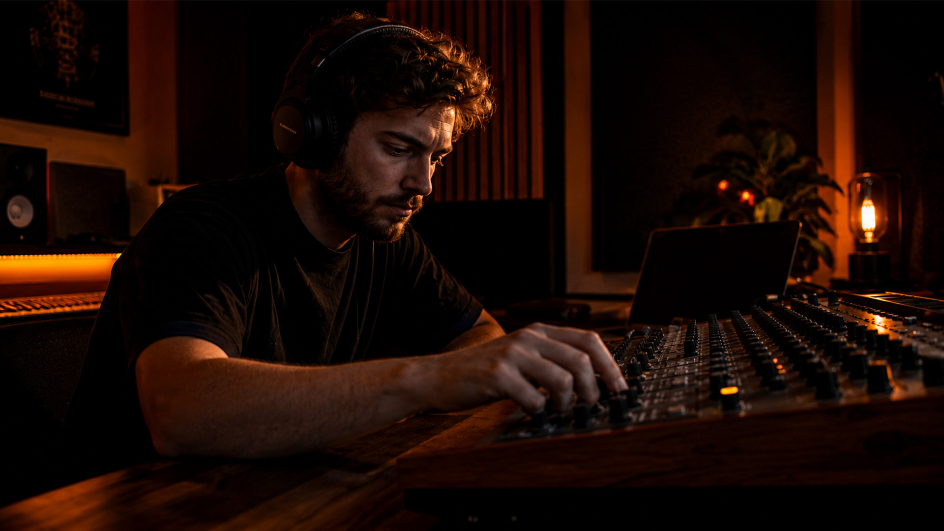 A music producer adjusting a stereo mix in a studio
